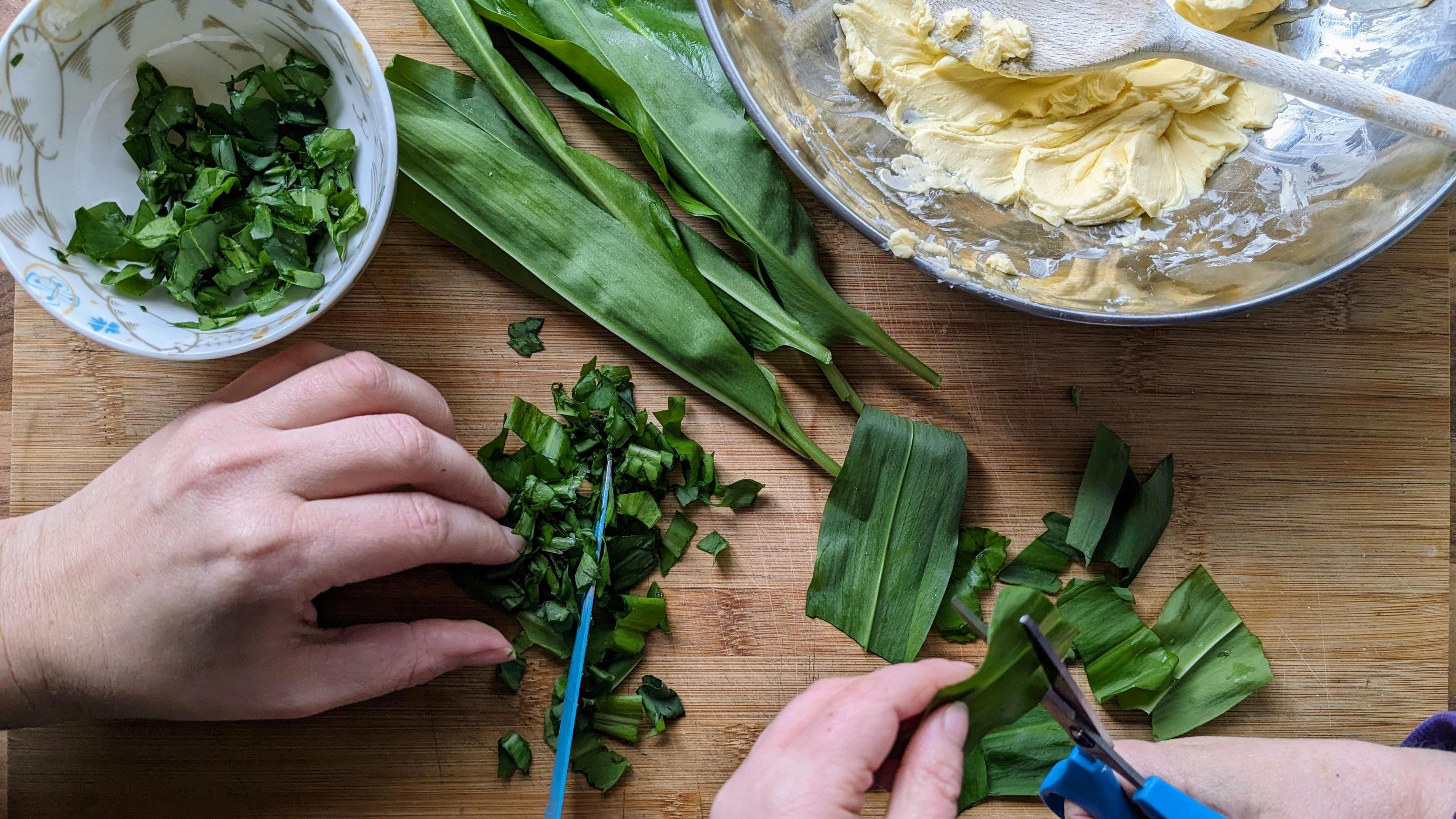 Two pairs of hands are chopping up a green plant with scissors into a bowl and a mixing bowl filled with a buttery substance. The mixing bowl has a wooden spoon resting in it.