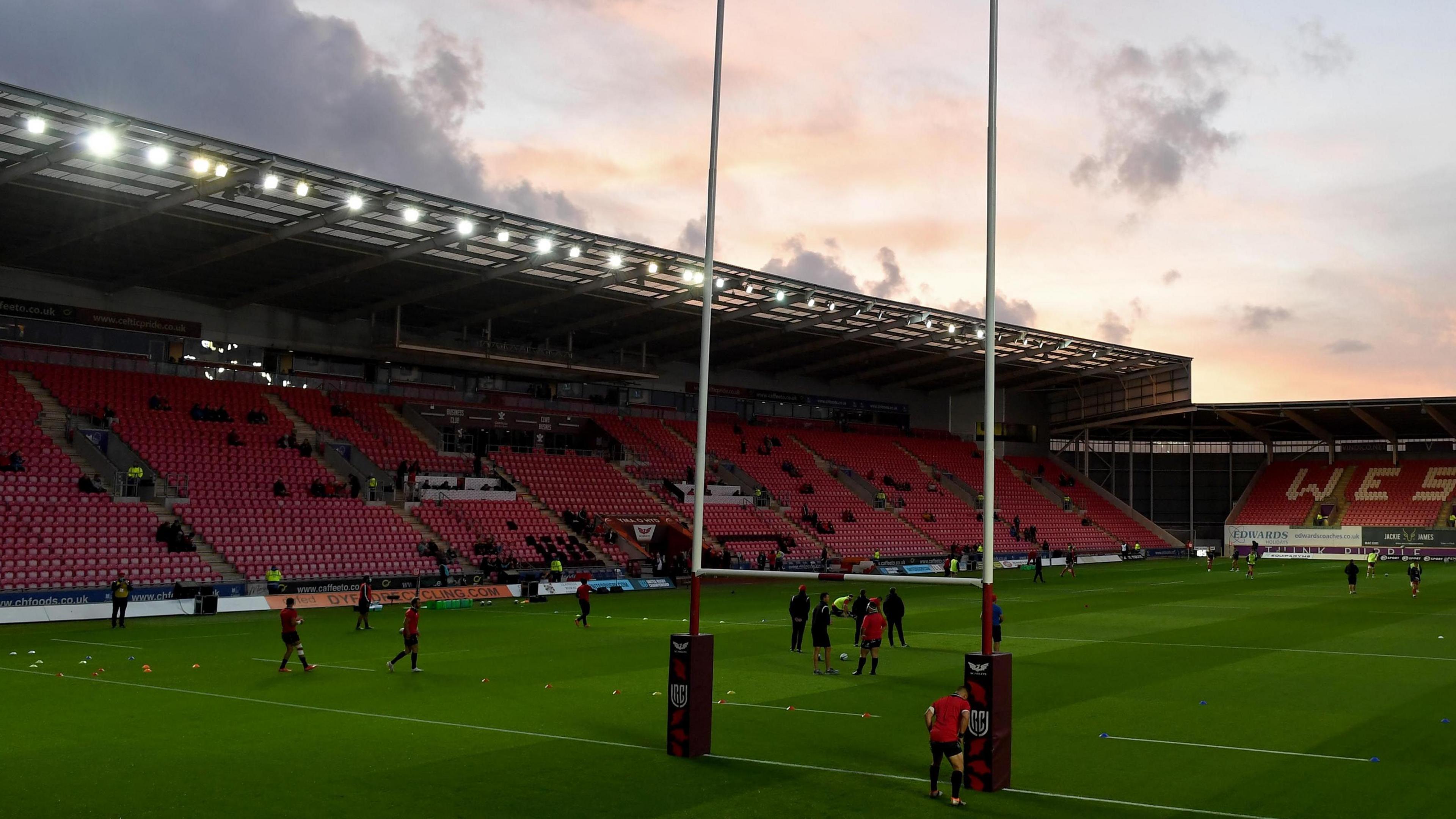 Parc y Scarlets as the sun begins to set