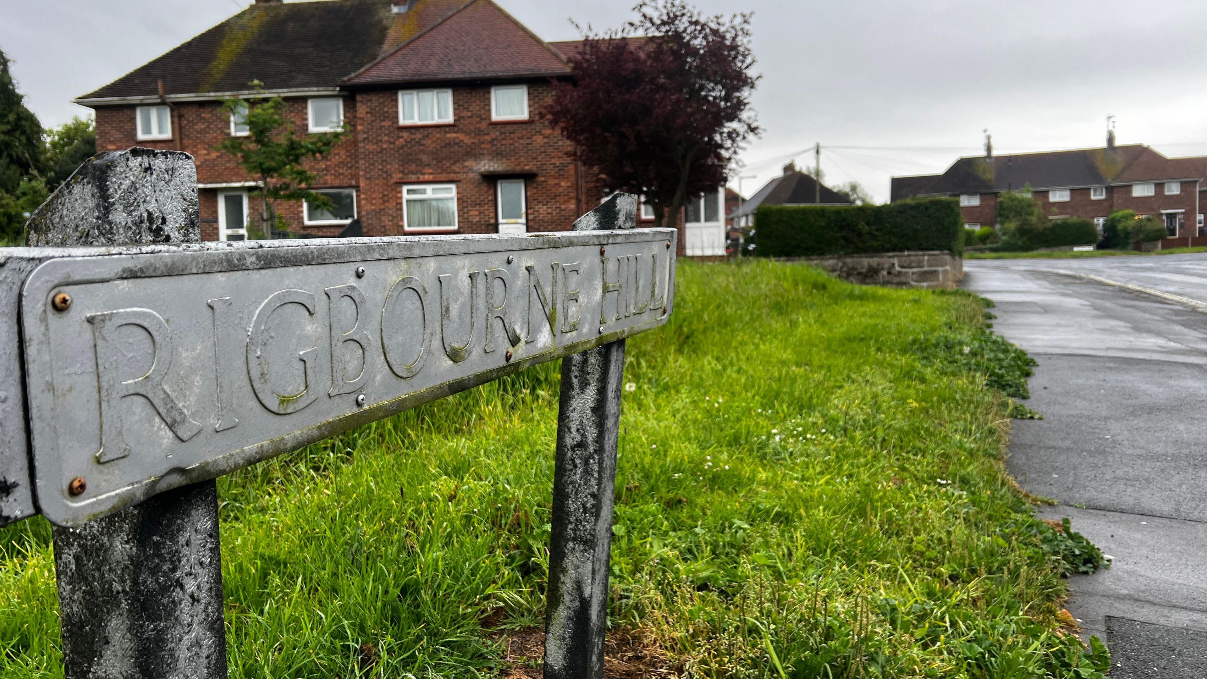 A general view of a street sign for Rigbourne Hill. The sign is placed on a grass verge next to a pavement. Houses can be seen in the distance.