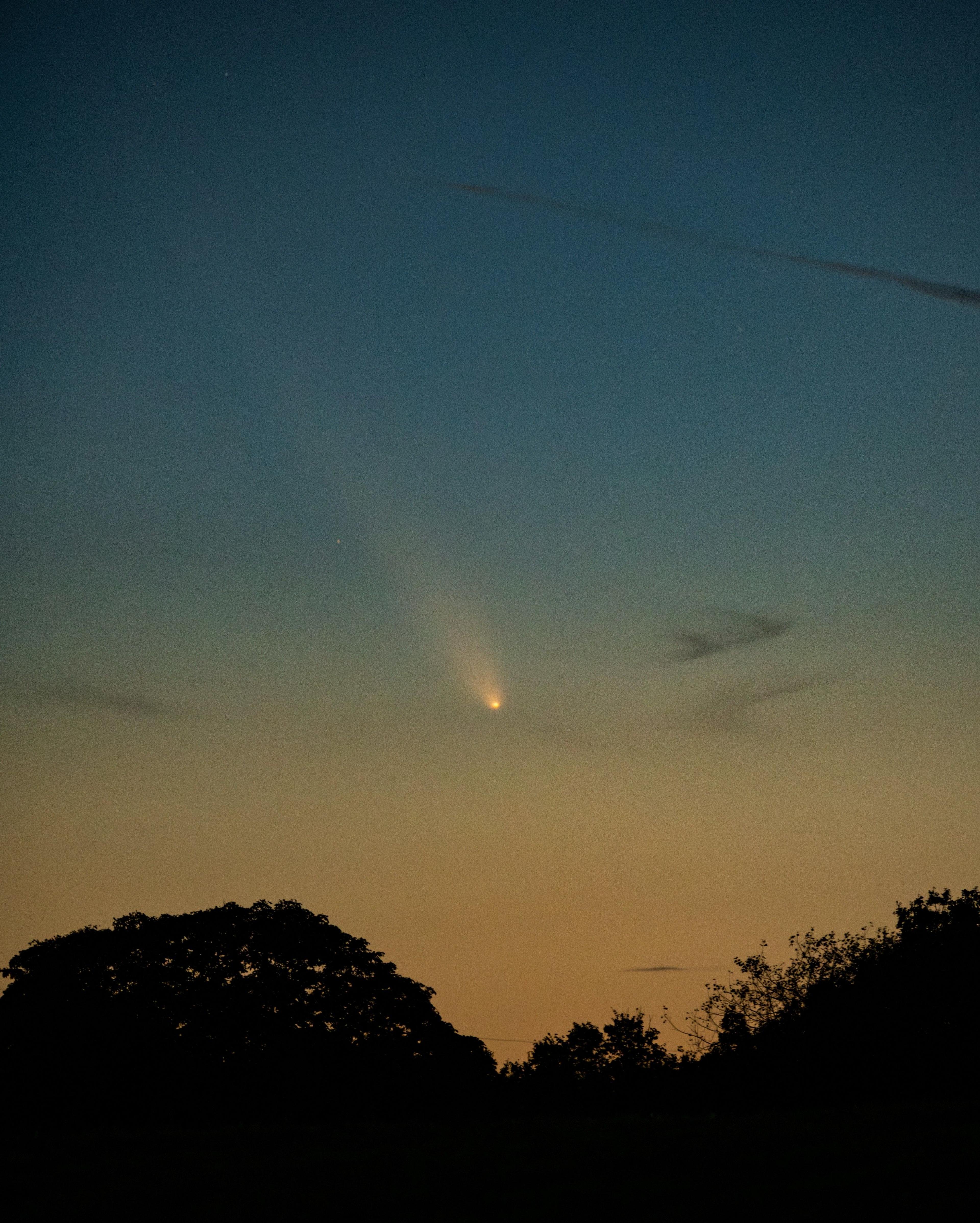 A blue sky, with a yellow haze underneath, above a number of trees. In the yellow haze, there is a streak of bright light.