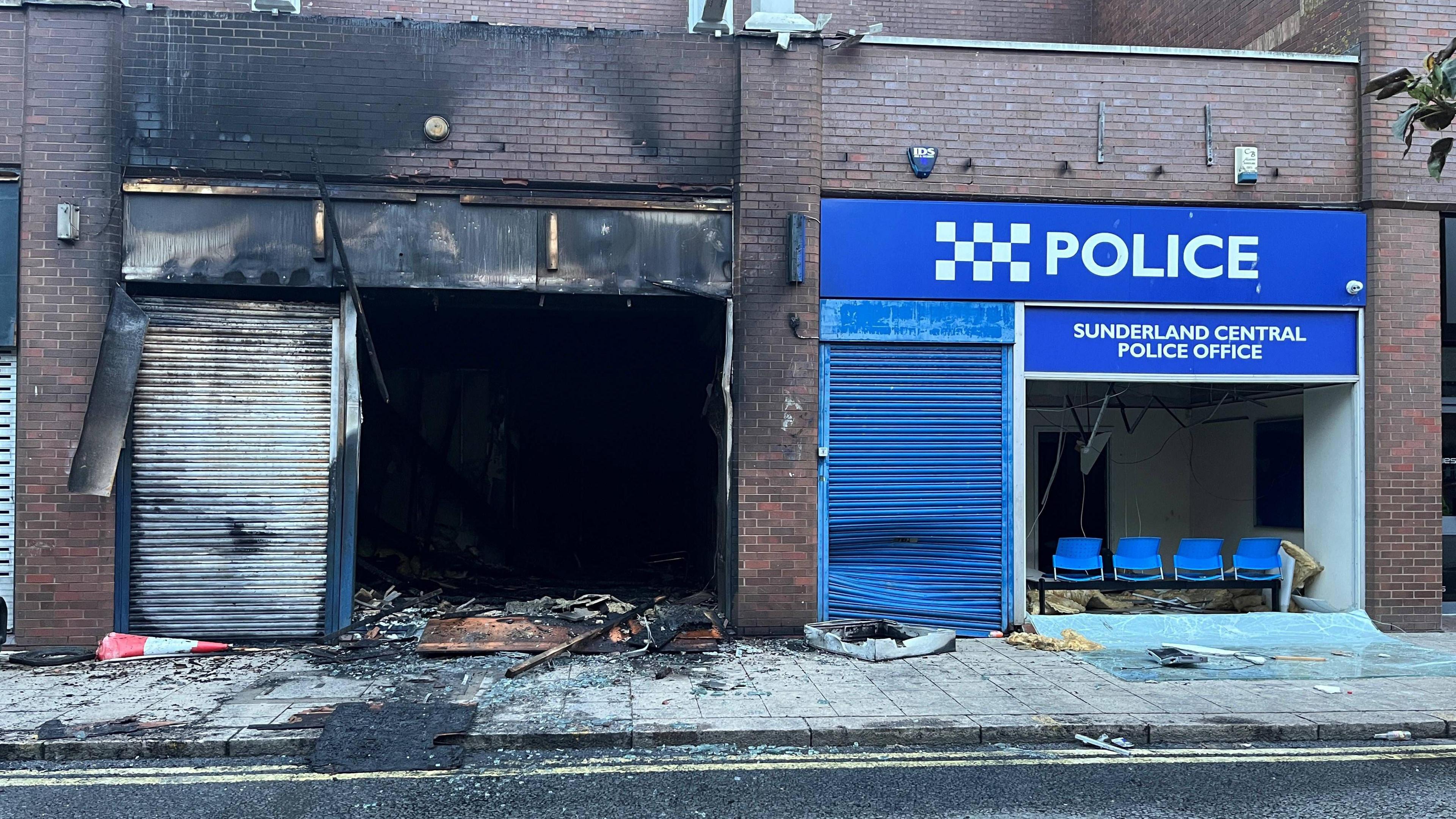 A police office damaged following disorder in Sunderland