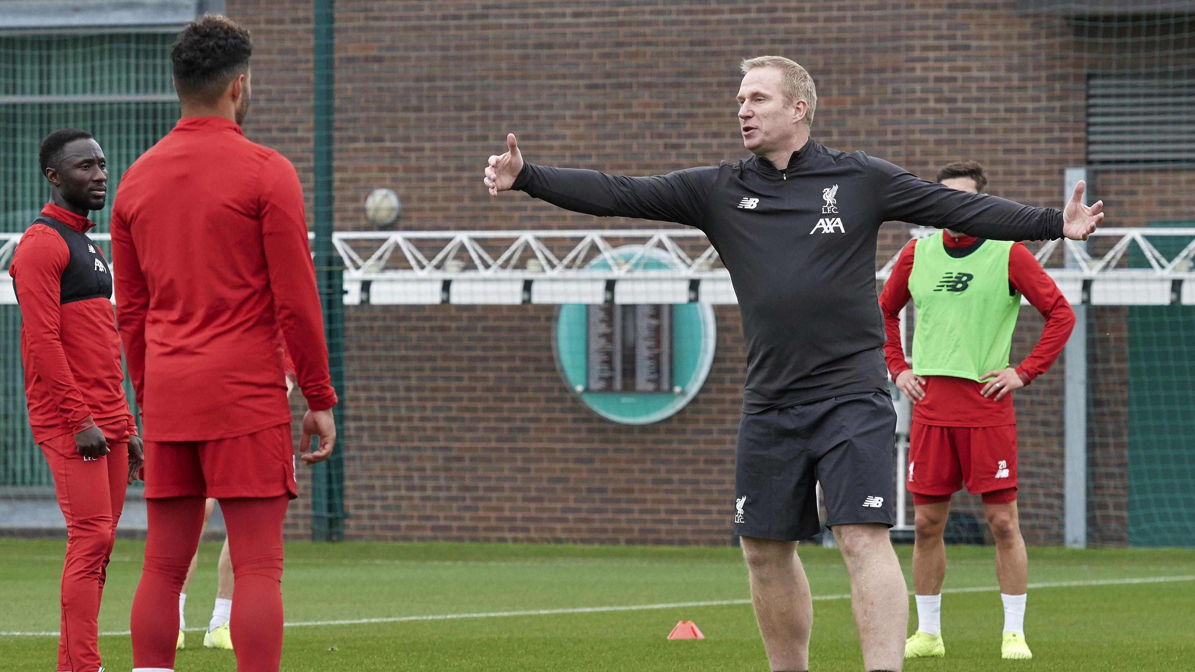 Thomas Gronnemark gives instructions to Liverpool players during his time at Anfield. 