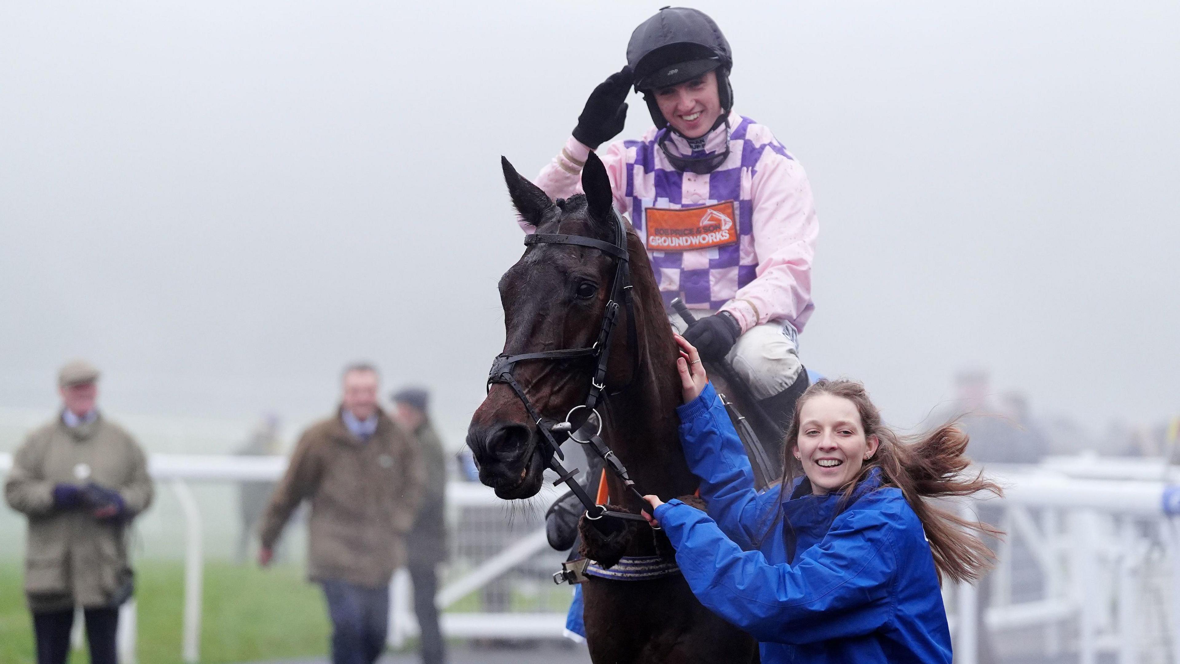 Charlie Hammond salutes riding Val Dancer after winning the Coral Welsh Grand National Handicap Chase at Chepstow Racecourse.