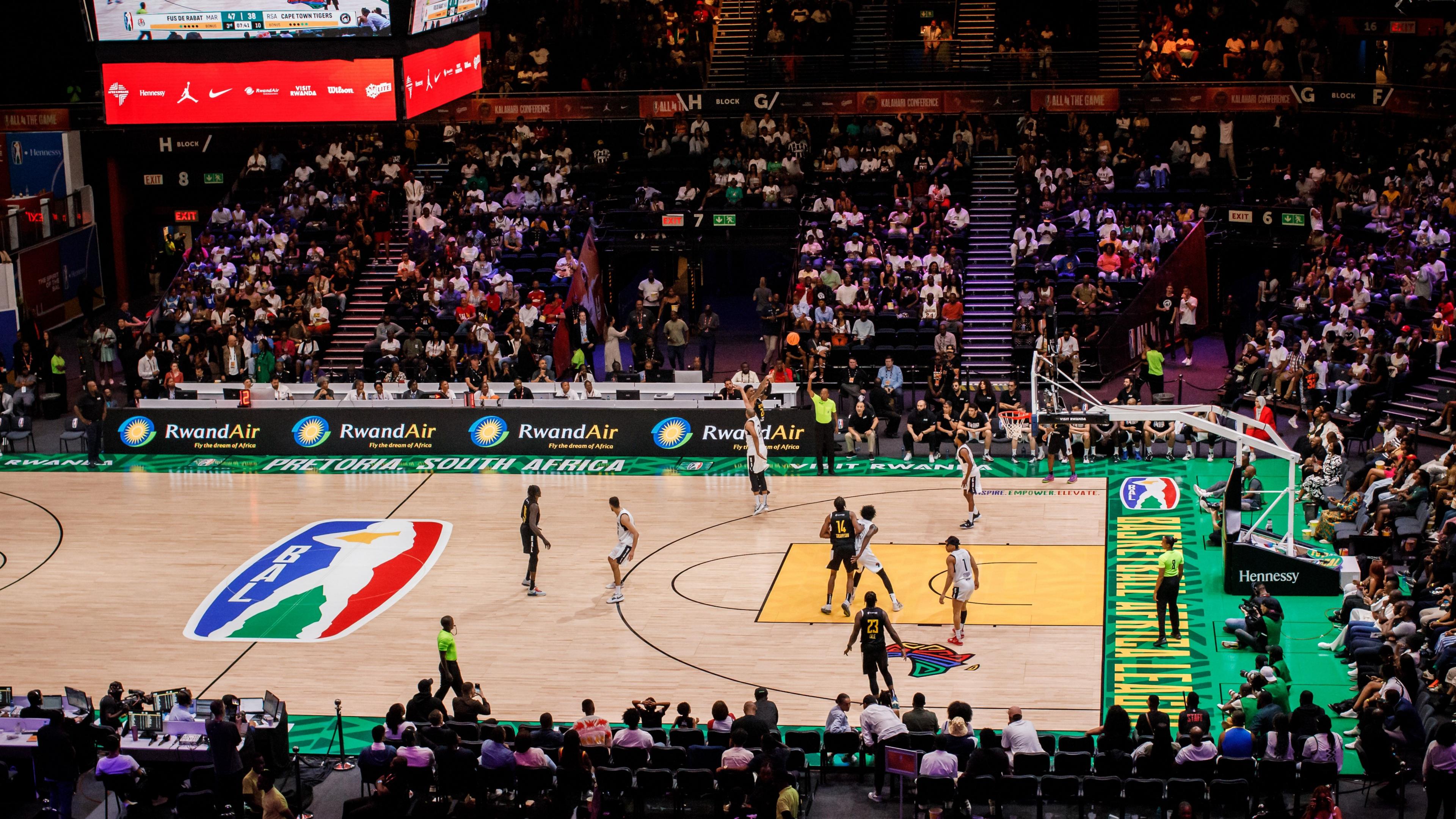 Action from a Basketball Africa League game between FUS Rabat and the Cape Town Tigers during the Kalahari Conference Group