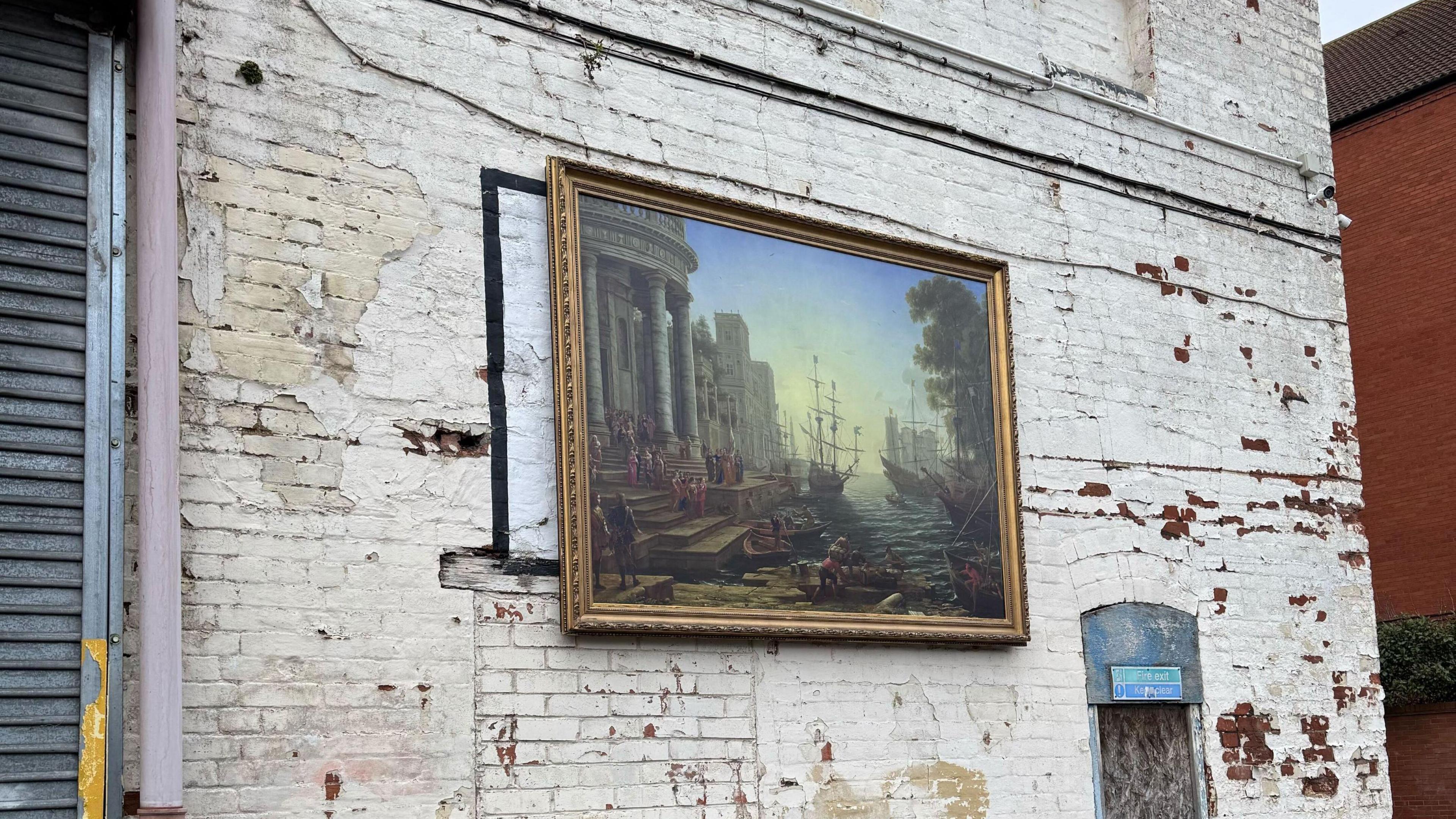 The image shows a painting by Claude Lorrain of a tranquil, sunny port scene where a woman, dressed in yellow and holding a flag, is about to depart on a ship. The painting includes detailed classical buildings and trees and a crowd of onlookers