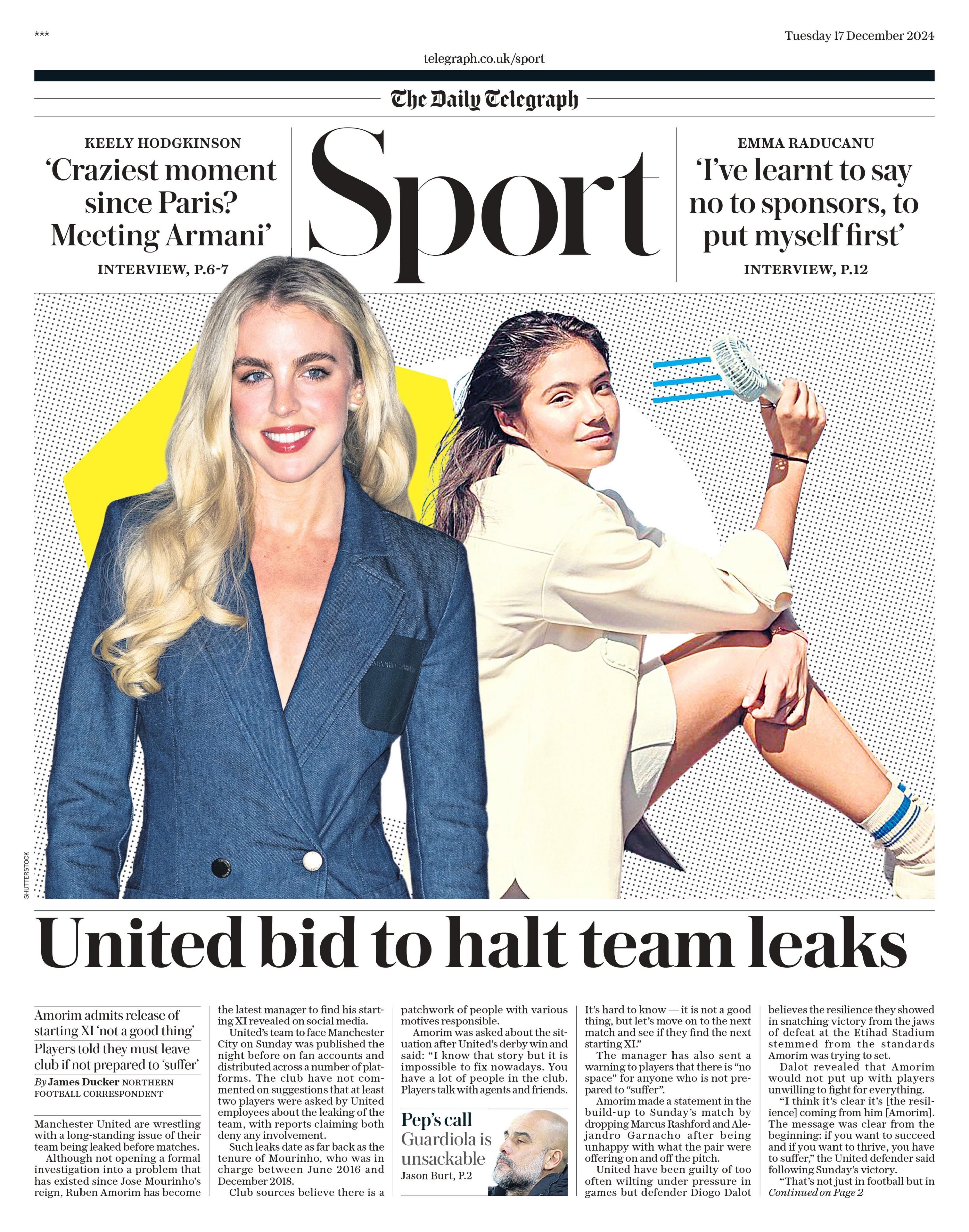 Front page of Telegraph sport section