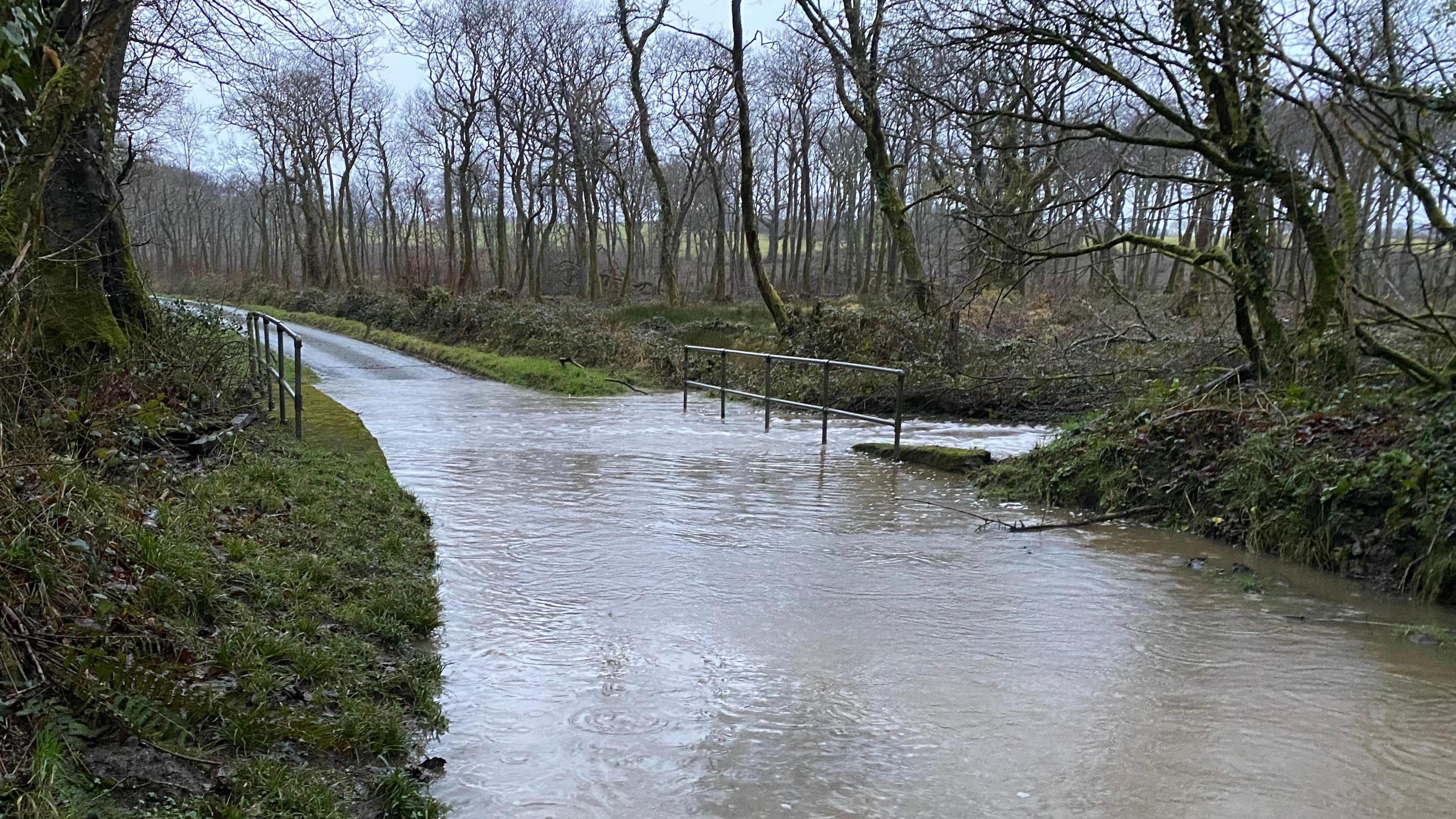 A single track road covered by flood water. There is a bridge with metal railings in the middle of the road and the river has broken its banks, with brown floodwater flowing towards the camera. Either side of the river are trees and a grass verge. 