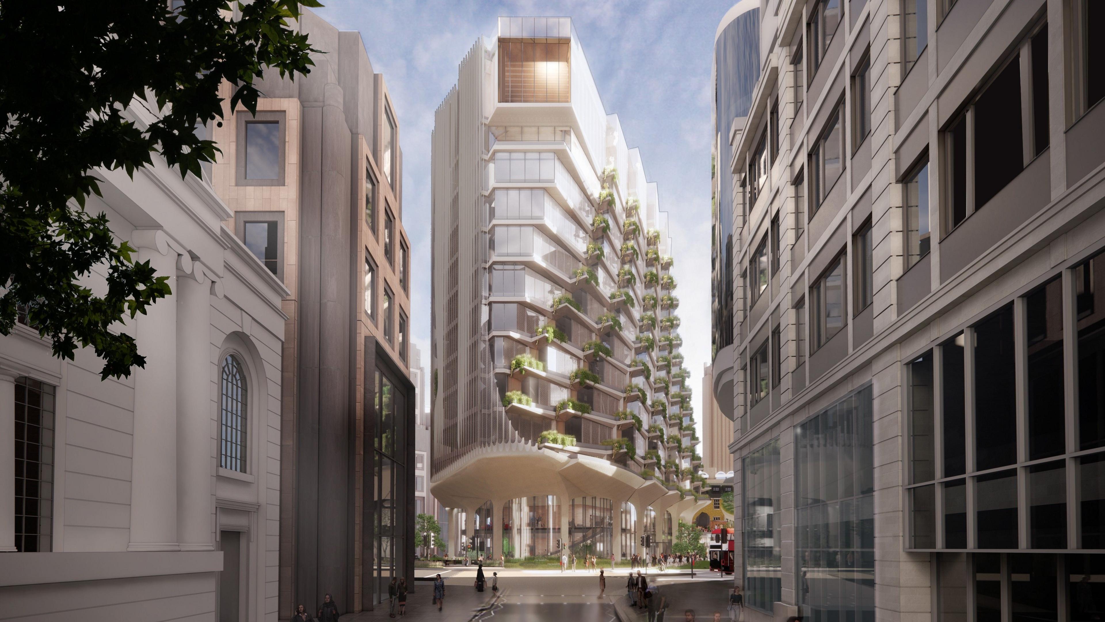 A computer-generated image of a new office block at the London Wall West project. 