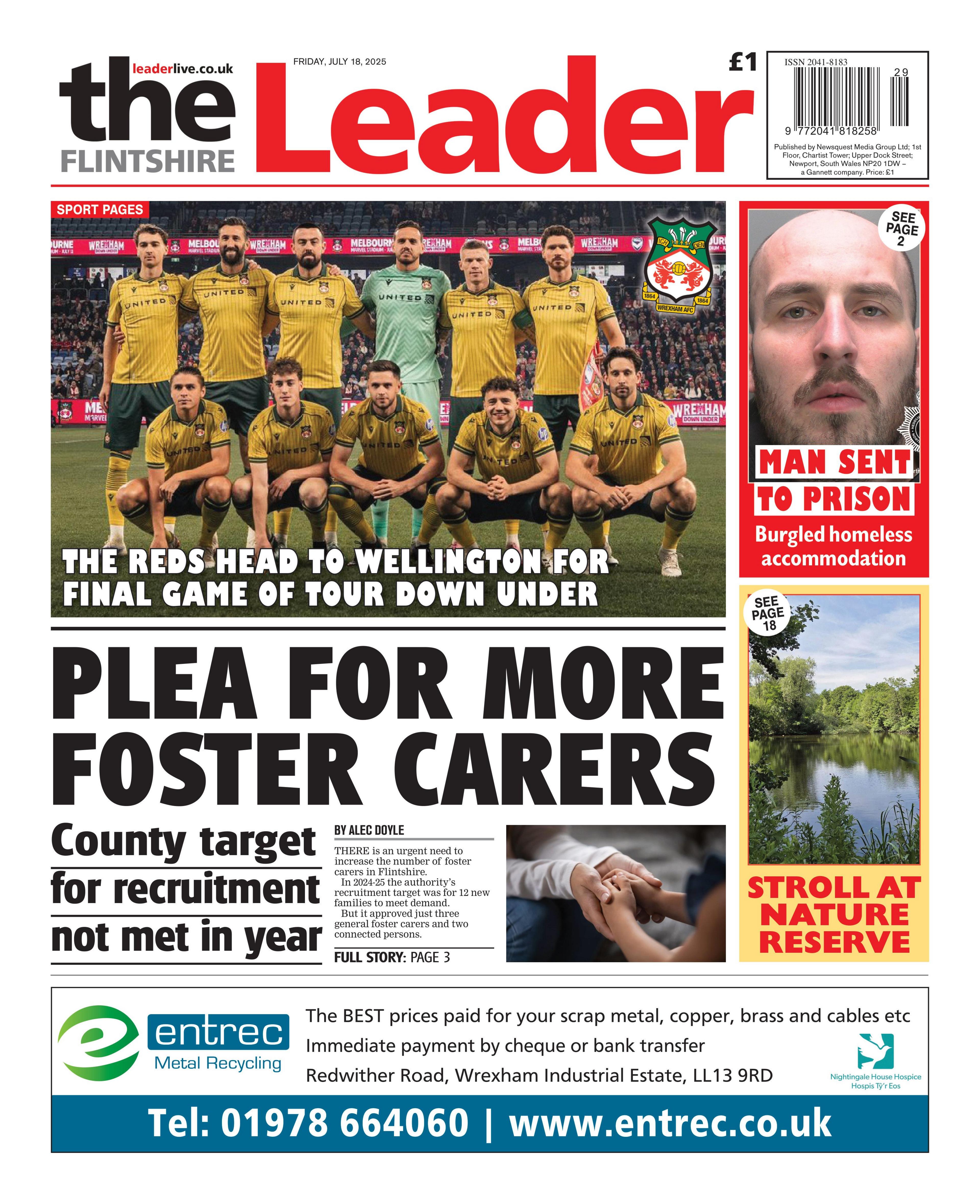 The front page of the Flintshire Leader. Main headline reads: Plea for more foster carers: county target for recruitment not met in year. Other headlines read: The reds head to Wellington for final game of tour down under, and man sent to prison, burgled homeless accommodation. 
