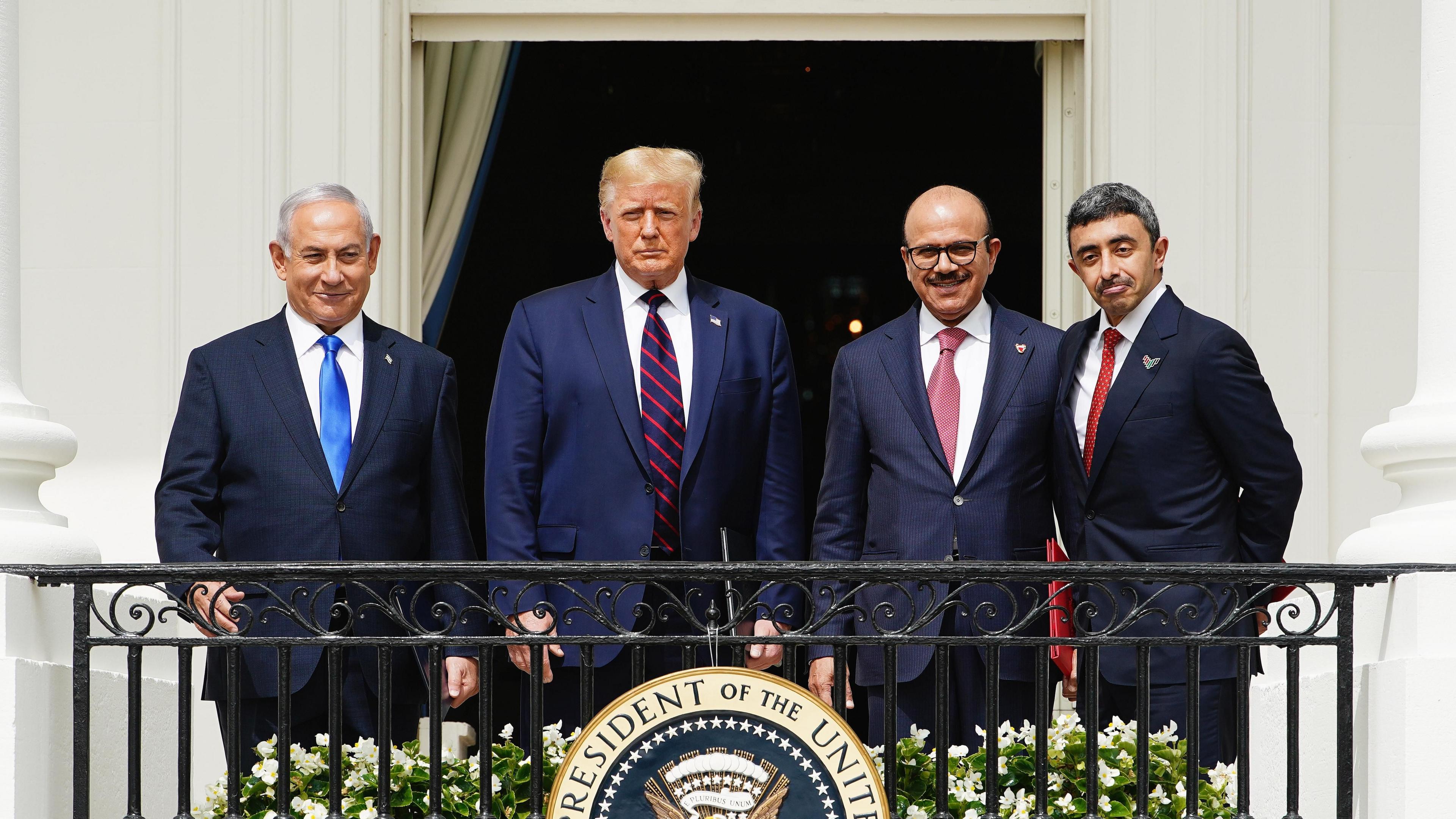 (Left to right) Israeli Prime Minister Benjamin Netanyahu, US President Donald Trump, Bahrain Foreign Affairs Minister Sheikh Khaled Al Khalifa, and UAE Foreign Affairs Minister Sheikh Abdullah bin Zayed Al Nahyan during the Abraham Accords signing ceremony at the White House (15 September 2020)