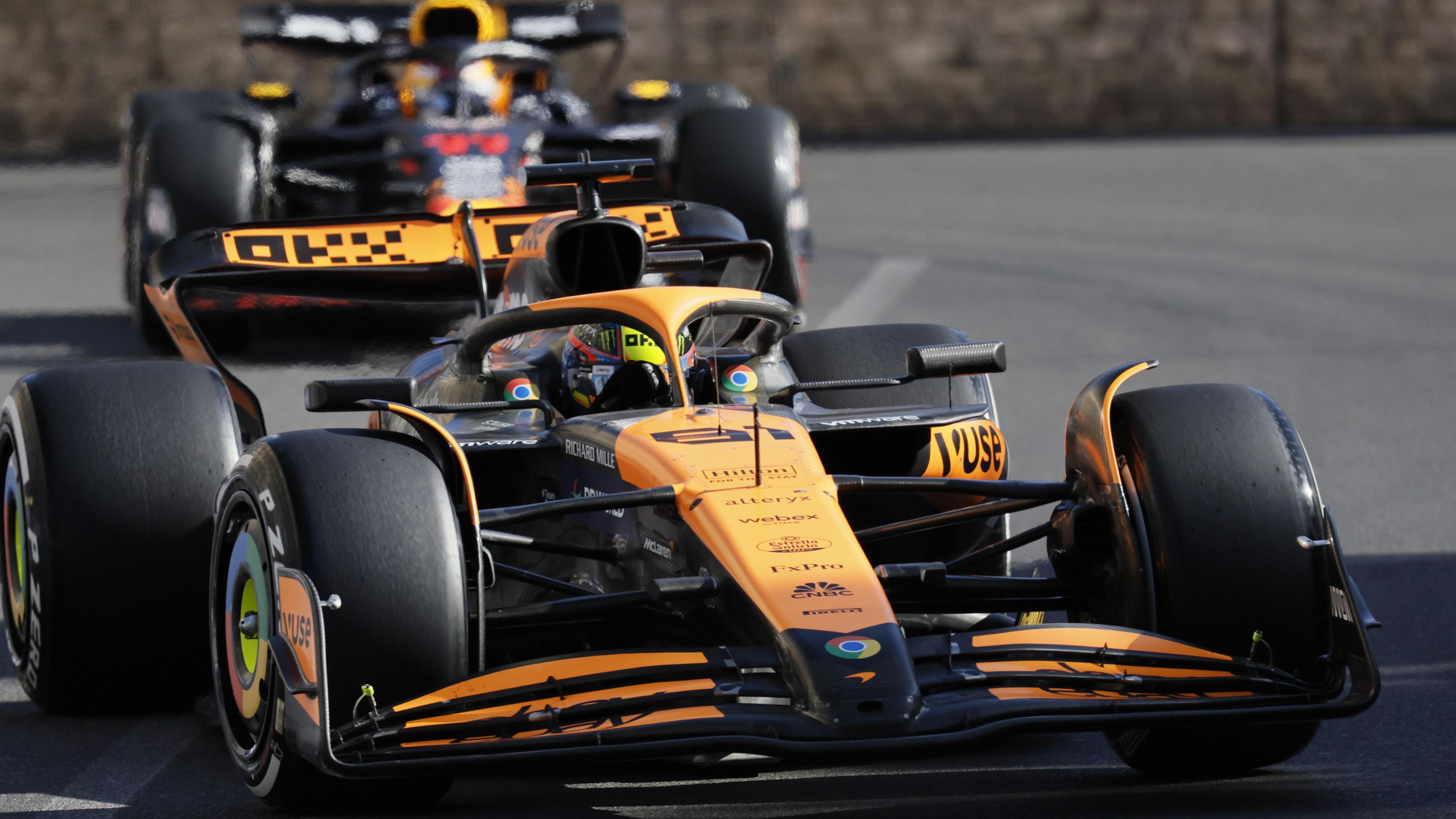 McLaren's Oscar Piastri leading Red Bull's Sergio Perez during the 2024 Azerbaijan Grand Prix