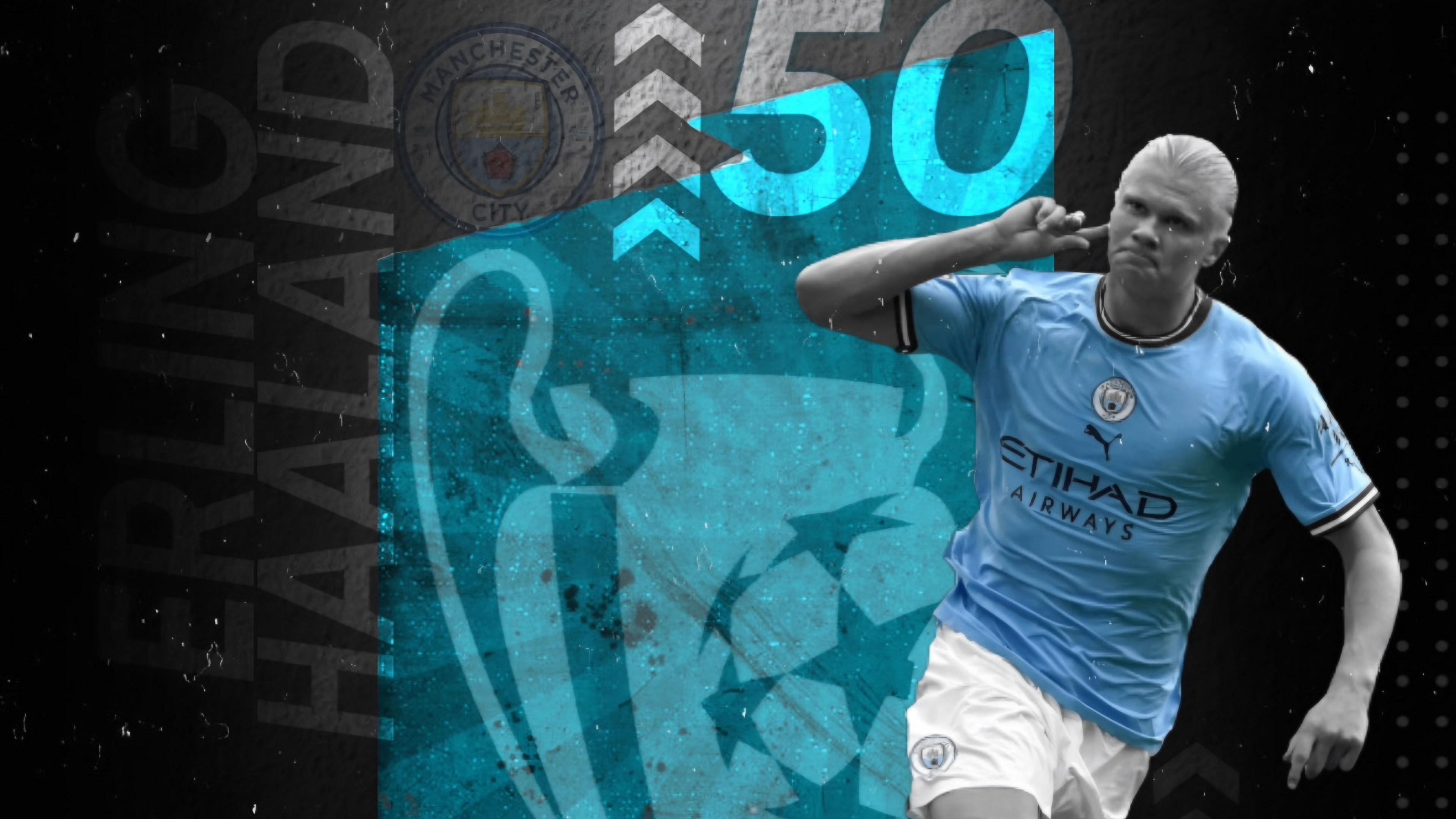 Erling Haaland celebrating a goal on a black and blue background, with a champions league logo and trophy graphic the number 50. His name and city badge is also visible.