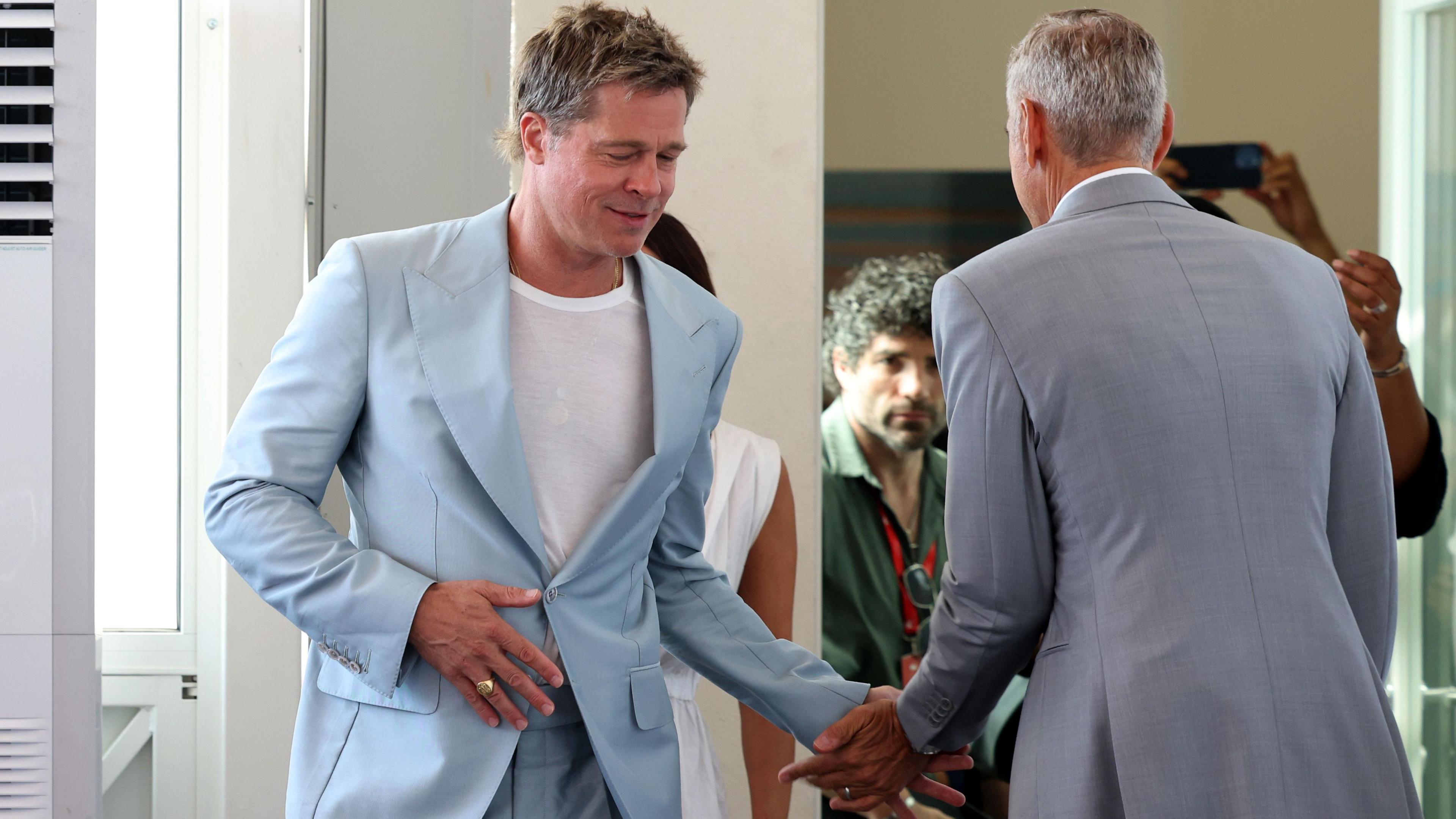 George Clooney and Brad Pitt attend the "Wolfs" photocall during the 81st Venice International Film Festival at Palazzo del Casino on September 01, 2024 in Venice, Italy.