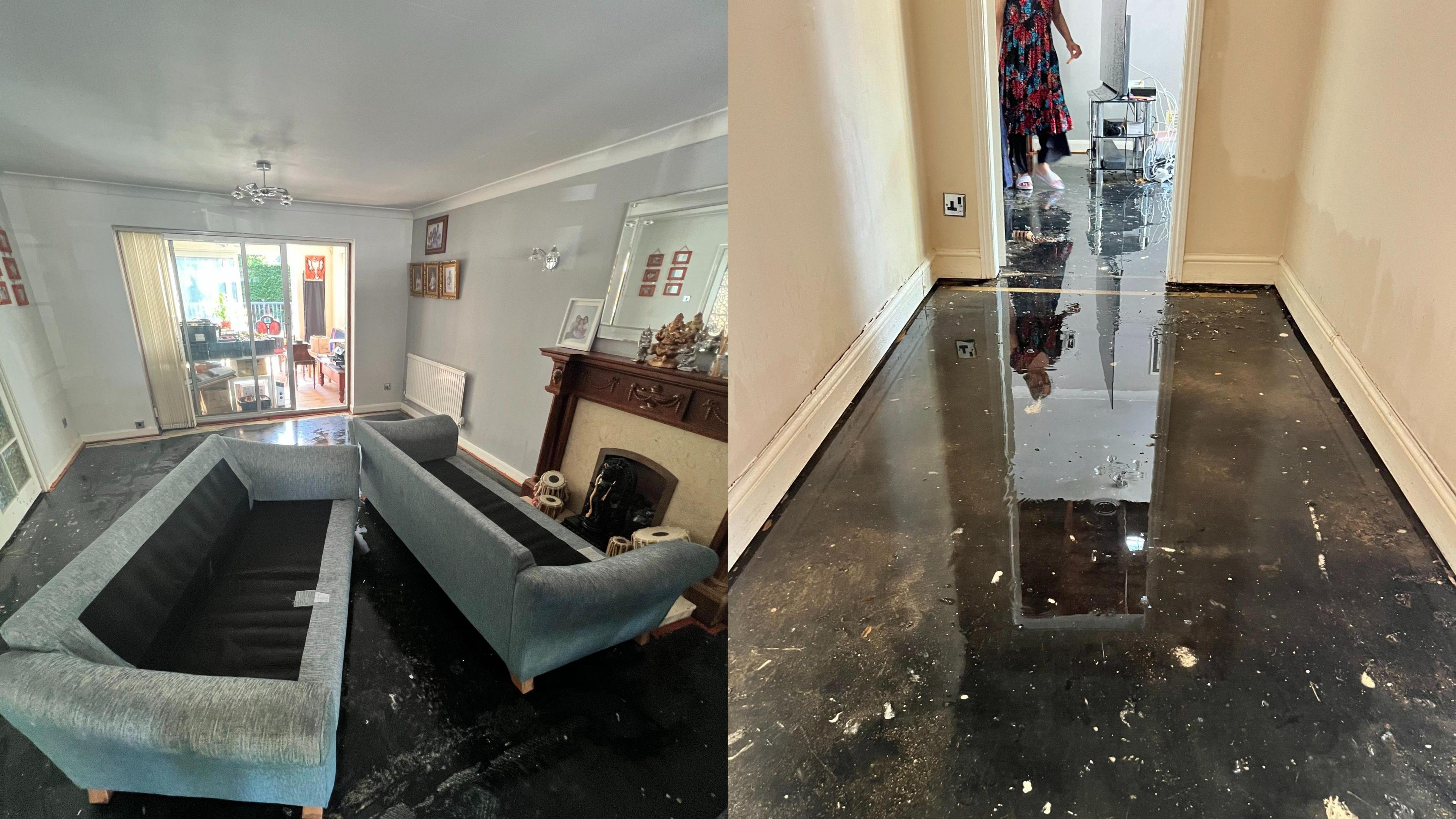 Two photographs show the extent of damager that the water had on the house. Two sofas can be seen in the left photo damaged. On the right there is a room filled with water. 