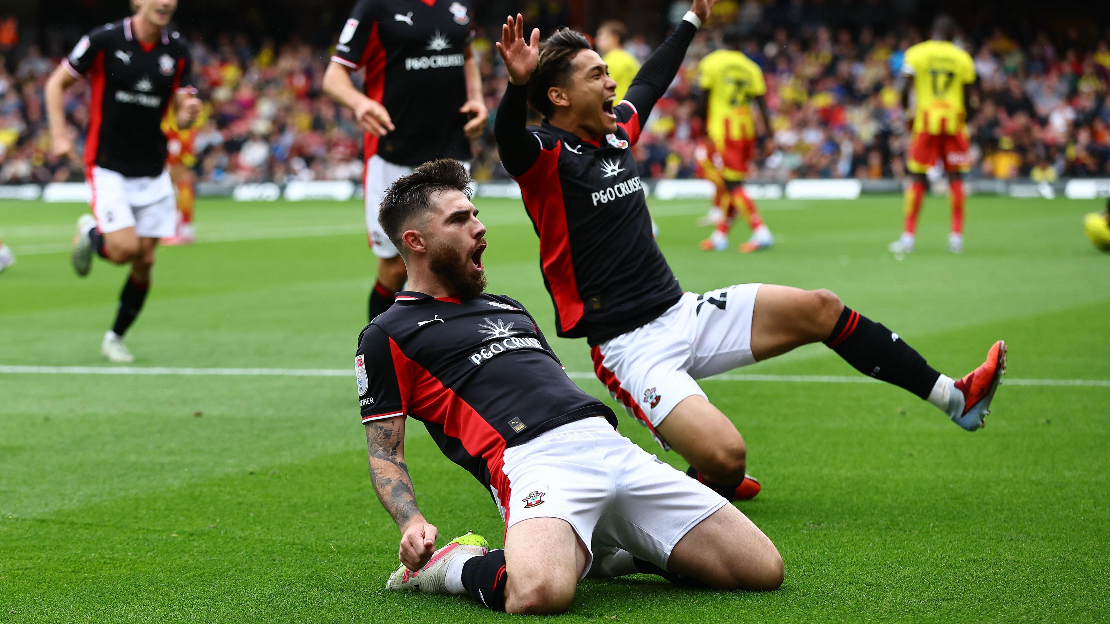 Ryan Manning celebrates scoring another free-kick for Southampton 