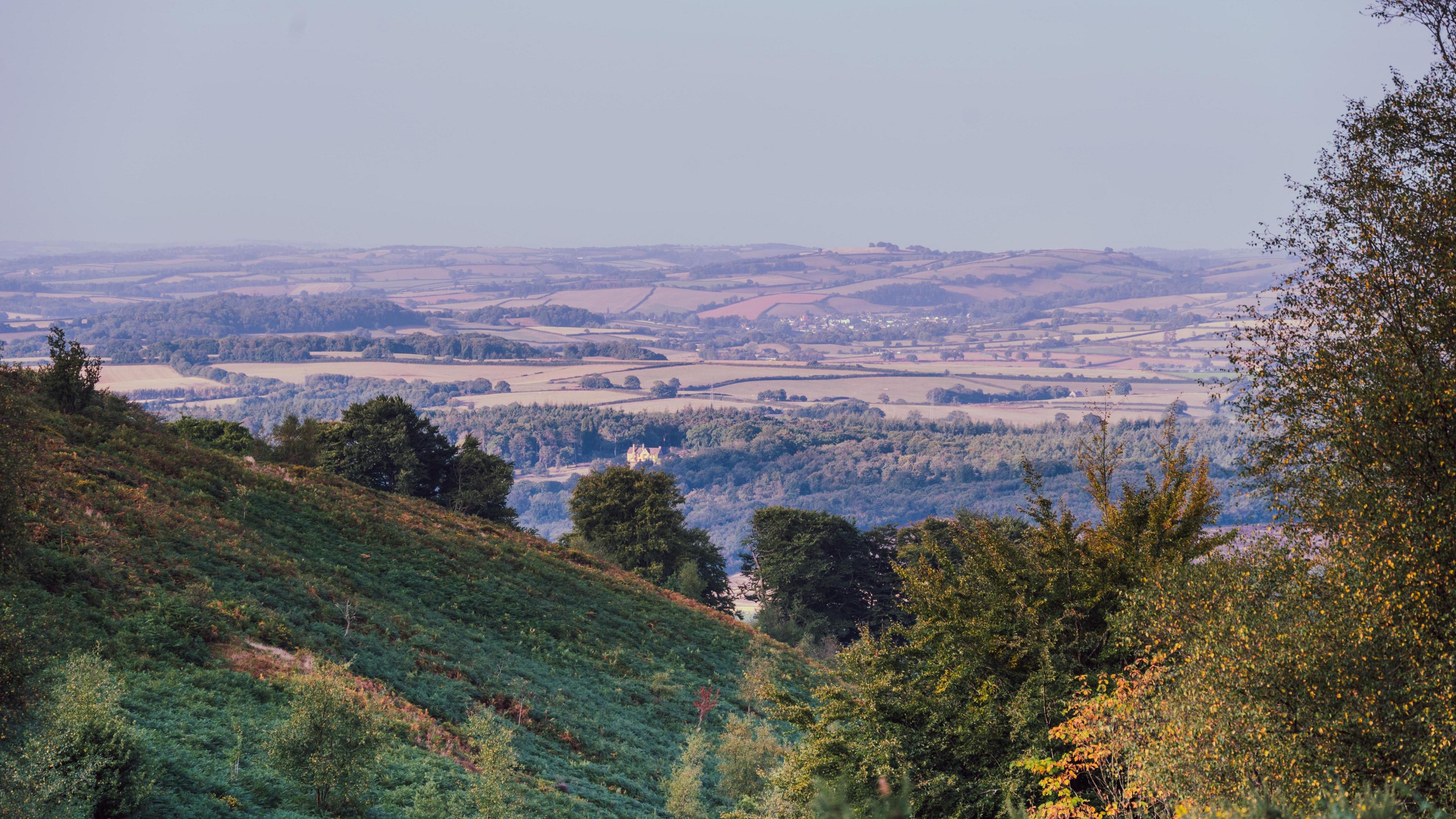 A view over a valley from the top of a hill. It is sunny and the sky is blue. The leaves are just starting to turn yellow.