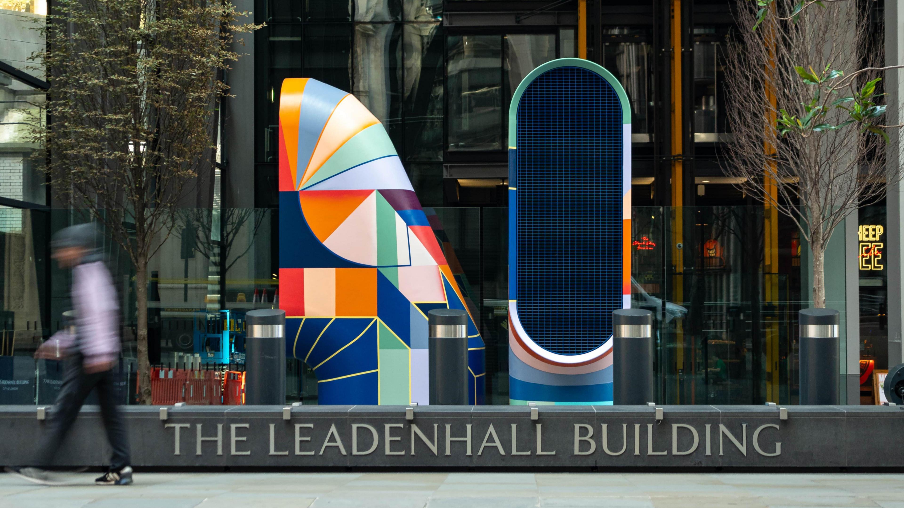 A colourful abstract mural on The Leadenhall Building's "trumpets"