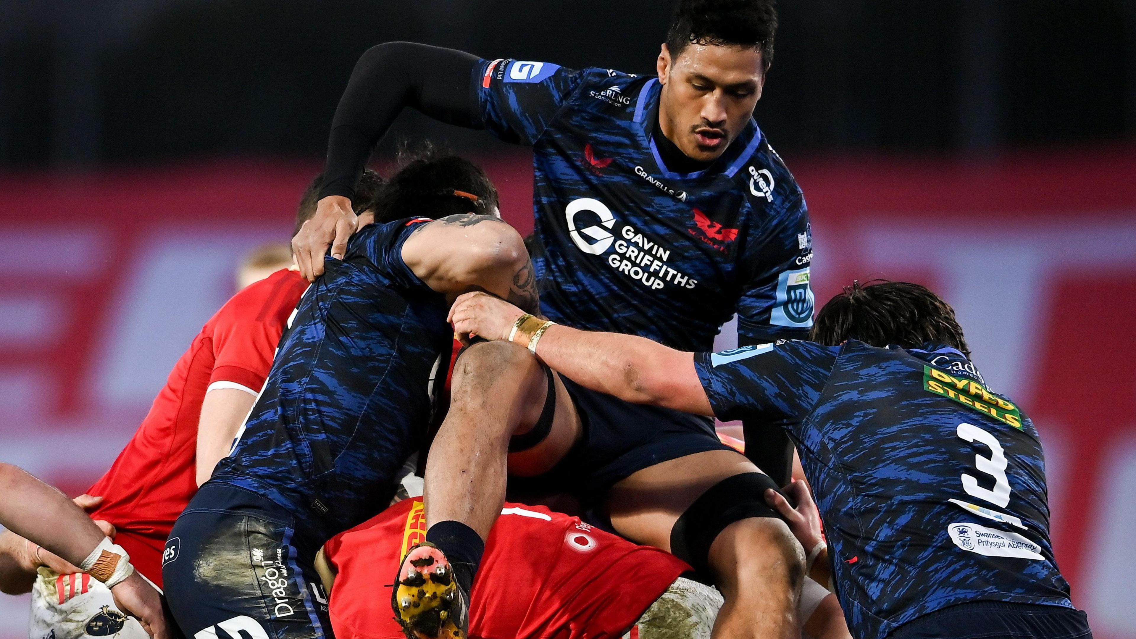 Scarlets lock Sam Lousi is lifted in a maul