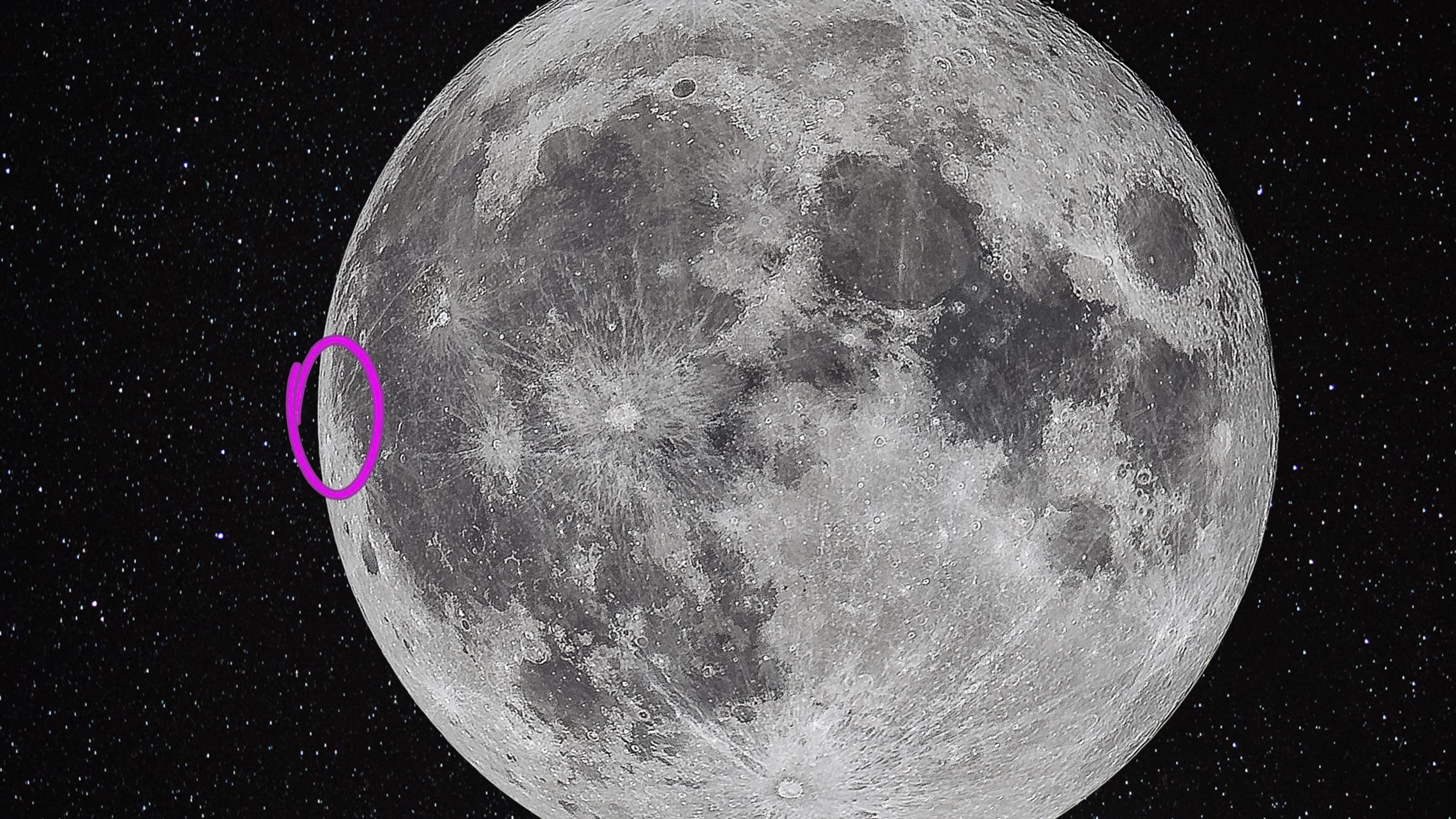 Image of the moon with a purple circle highlighting the potential crash site on the far left side as if viewing the moon from the northern hemisphere.