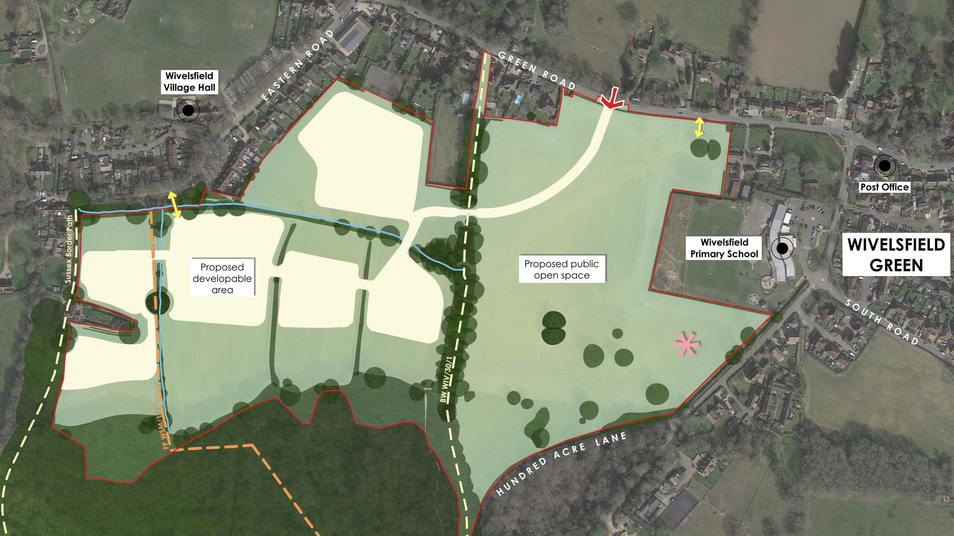 An aerial view of field surrounded by residential properties. The field are layered with CGI shapes, green and cream, to show were housing could be built