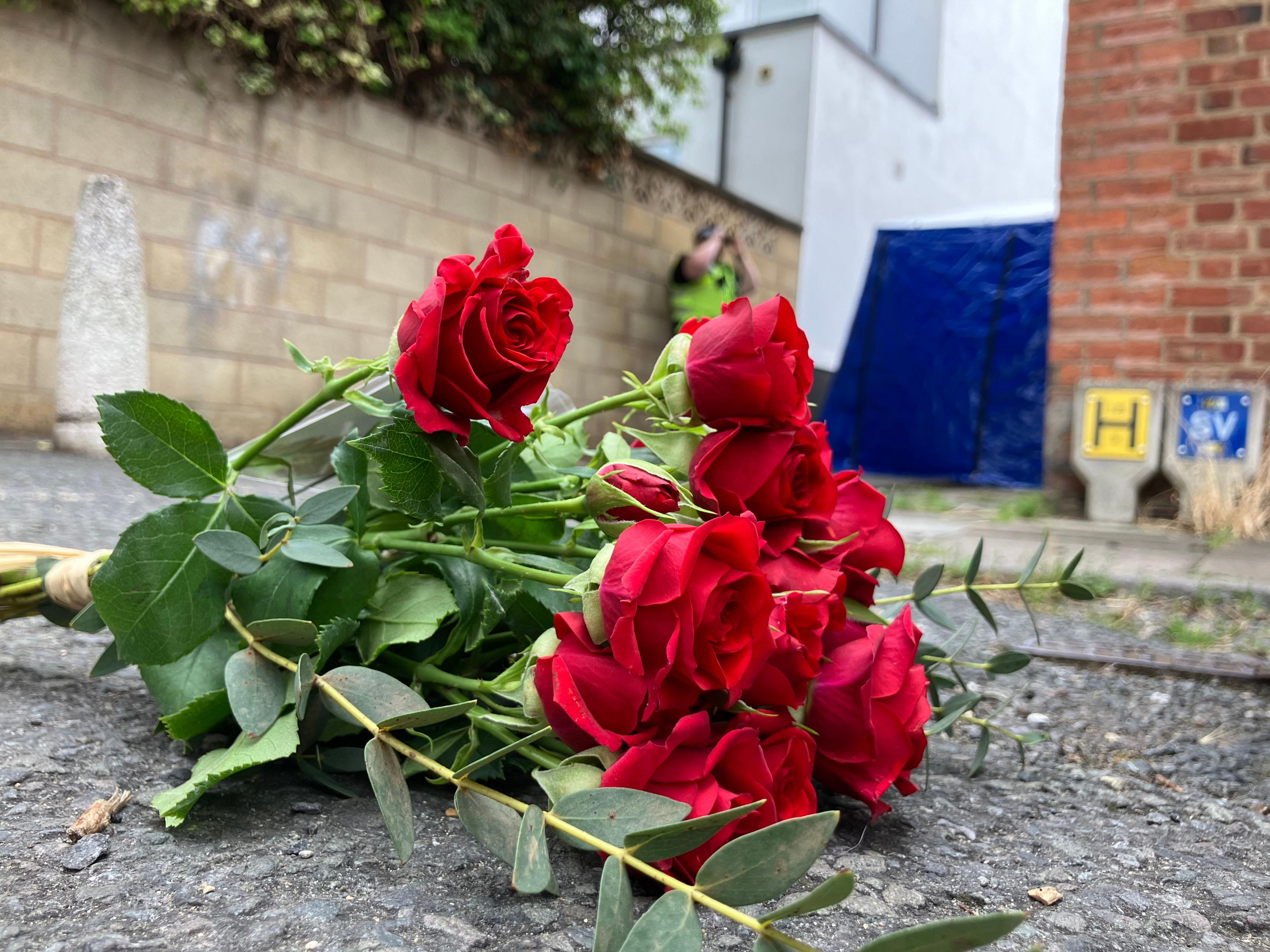 A bunch of red roses lying on their side on the road.