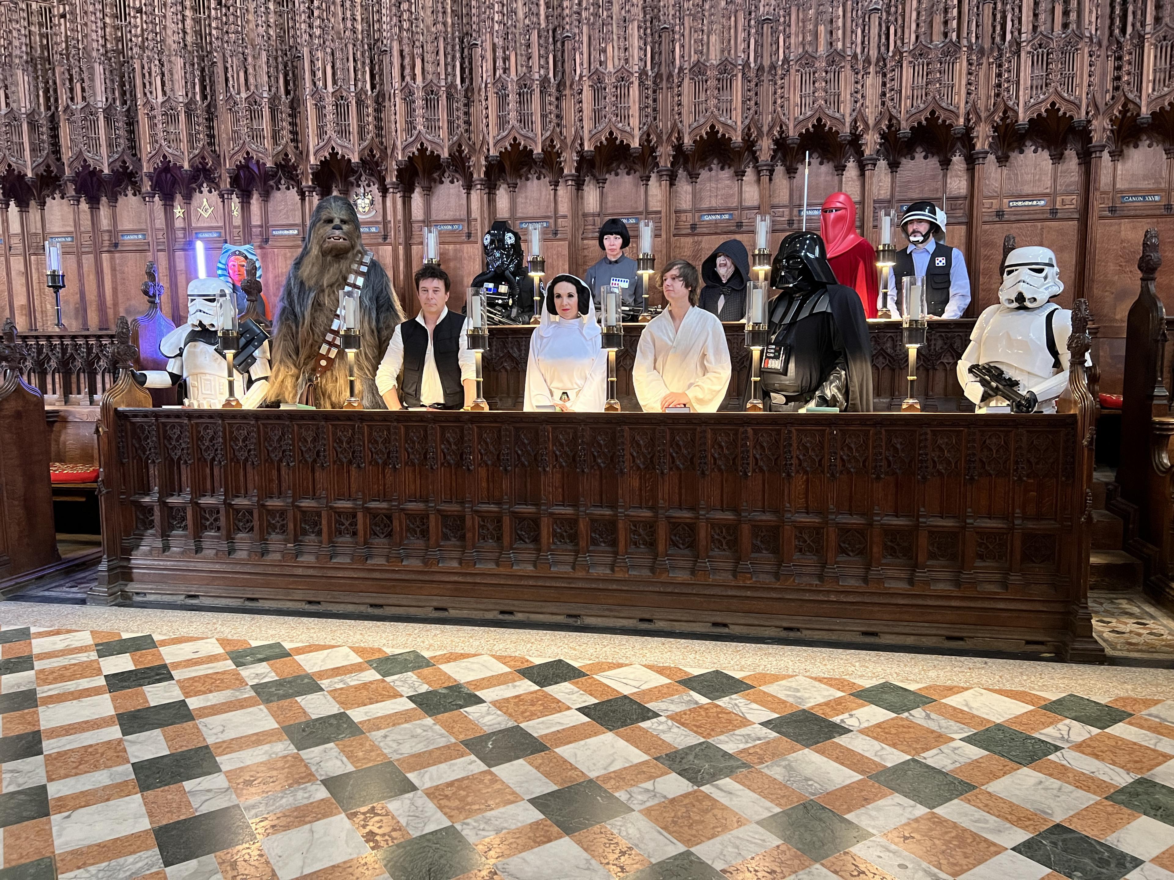 Star Wars characters pose in the cathedral