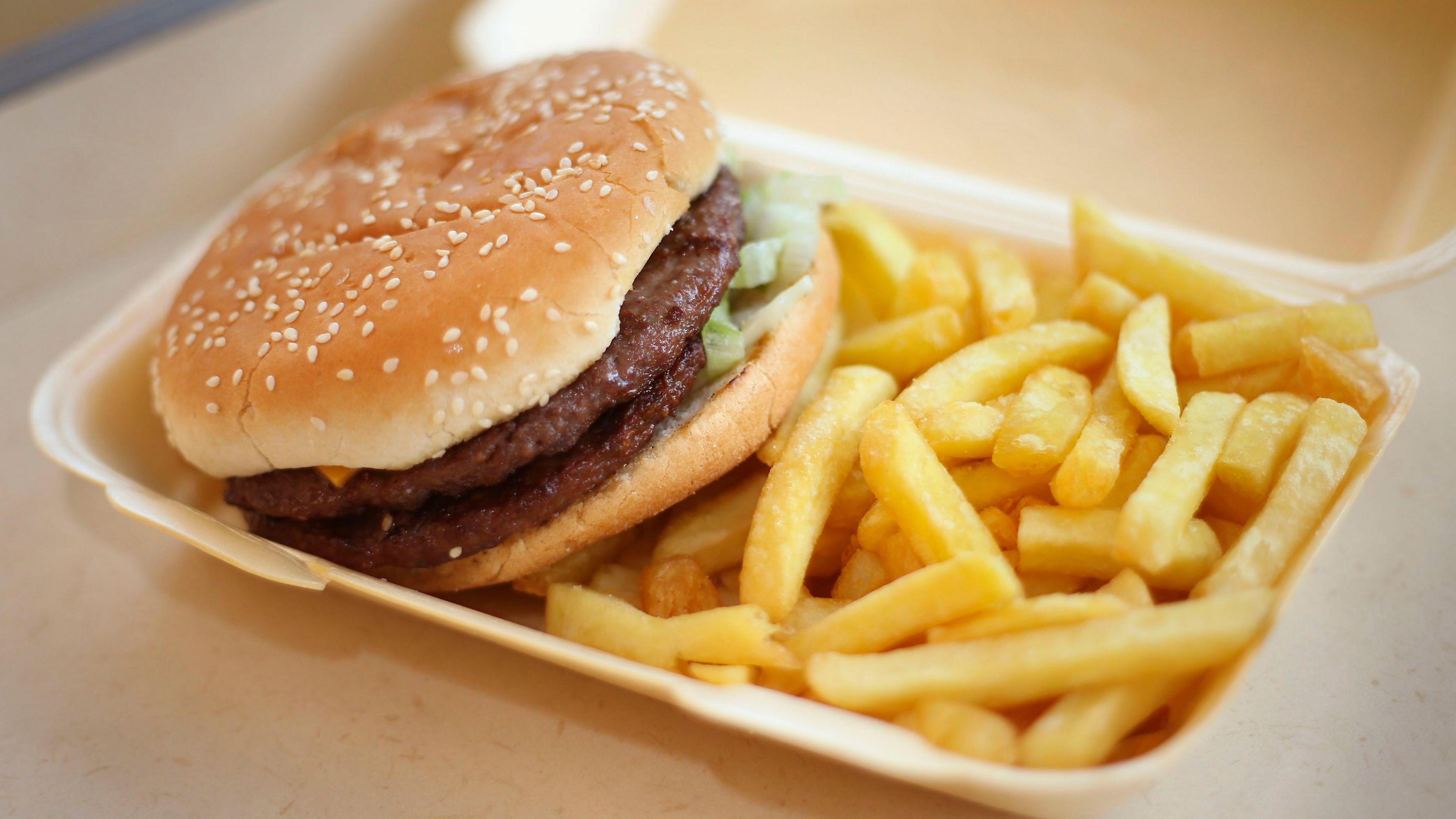 A photo showing a takeaway carton containing a burger in a bun and a portion of chips