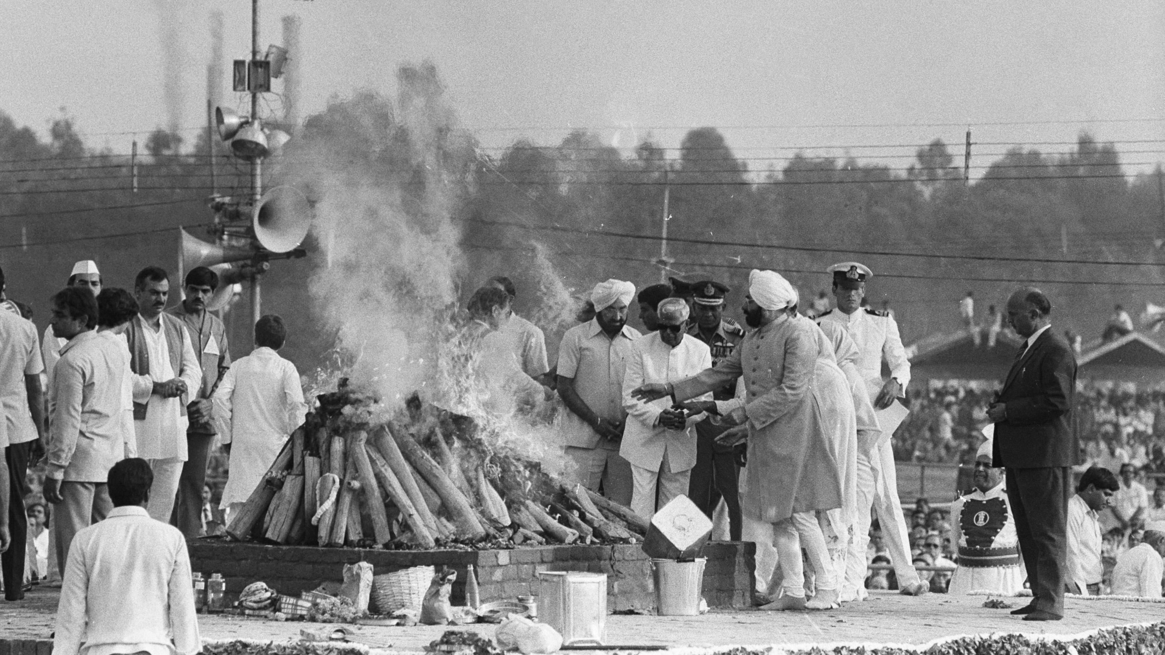 Funeral pyre of Indian political leader Indira Gandhi Delhi - Indira Priyadarshini Gandhi Indian politician stateswoman Prime Minister of India from 1966 to 1977 and again from 1980 until her assassination in 1984
