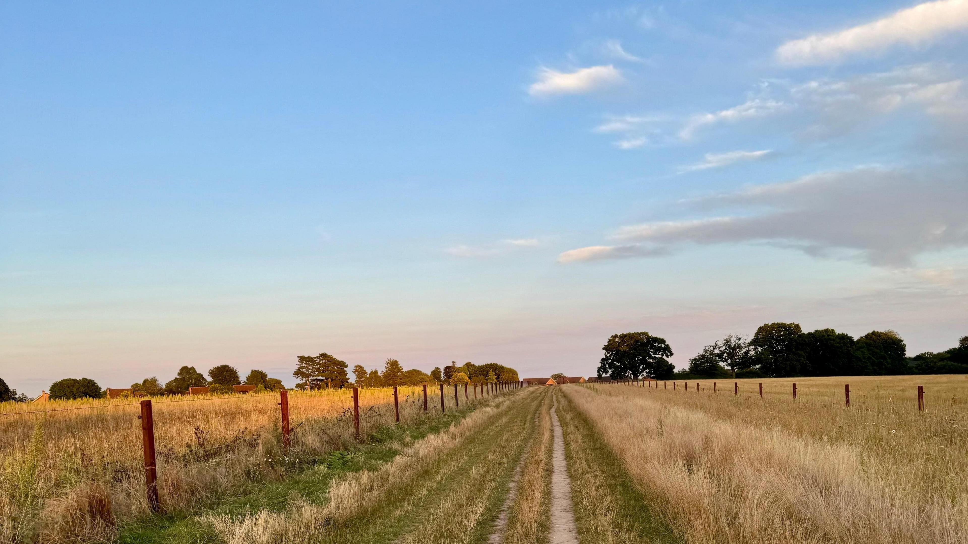 A grass track between two fields. The path is lined by a wire fence with wooden posts. On either side are fields with dry grass and in the distance you can see the roofs of houses and trees. The sky overhead is blue with the sun setting on the horizon.