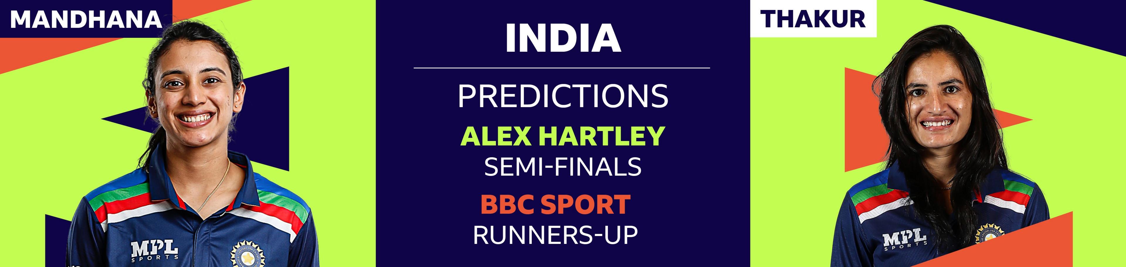 A banner image showing Alex Hartley has picked Smriti Mandhana and Renuka Singh Thakur as her two India players to watch at the Women's T20 World Cup 2023. Hartley has predicted India will reach the semi-finals, while BBC Sport cricket writer Ffion Wynne thinks they will be runners-up