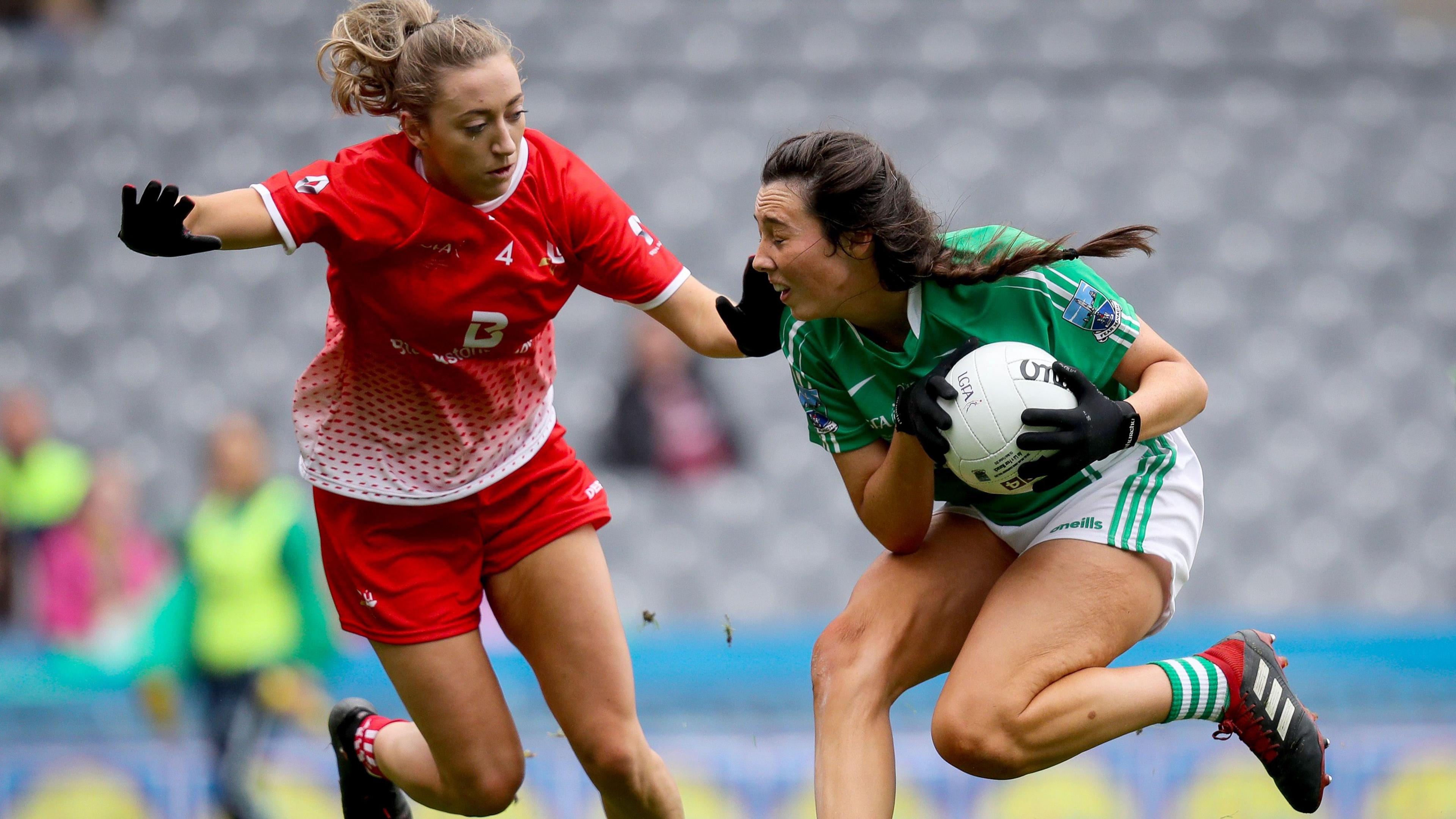 Blaithin Bogue attempts to get past Louth's Shannen McLoughlin in the 2019 Junior decider at Croke Park