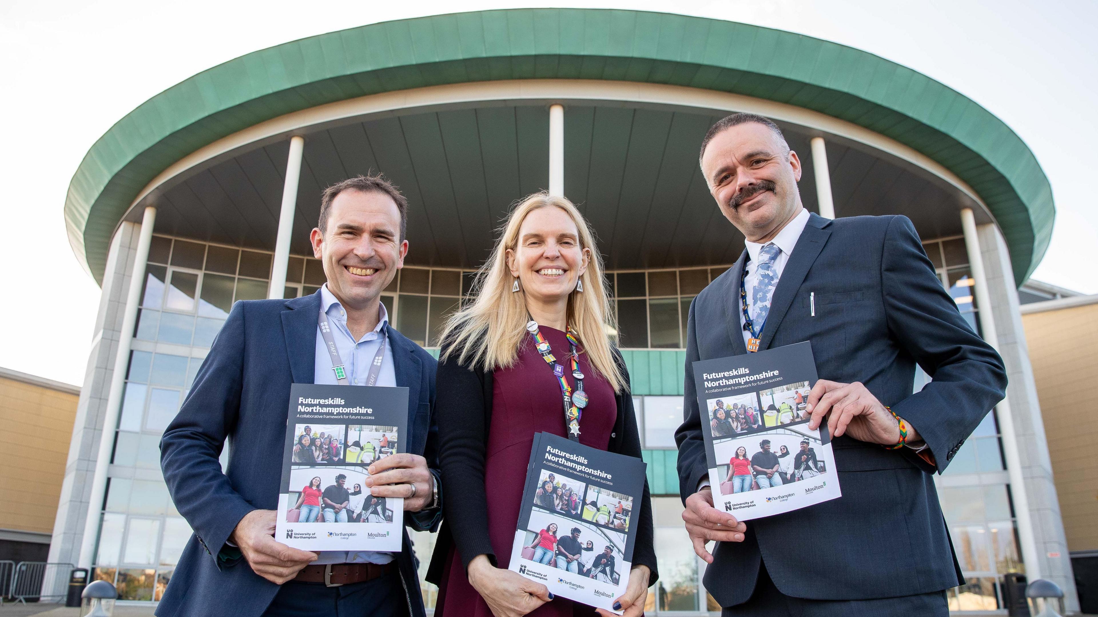 L-R Oliver Symons, Principal and CEO of Moulton College, Professor Anne-Marie Kilday, Vice Chancellor and CEO of University of Northampton and Jason Lancaster, Principal and CEO of Northampton College pose outside of Northampton College.