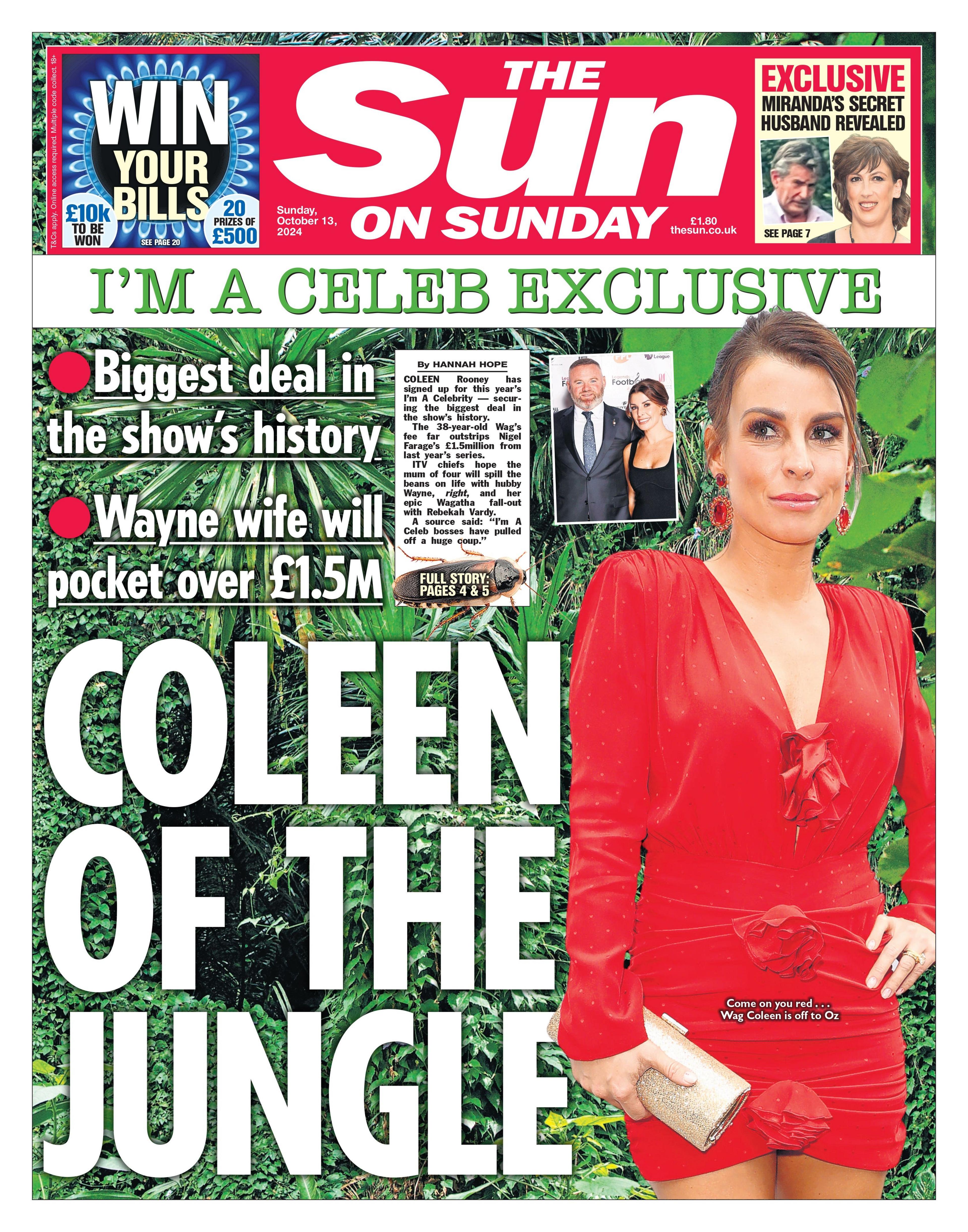 The Sun on Sunday's headline reads "Coleen of the jungle" and features a picture of Coleen Rooney.