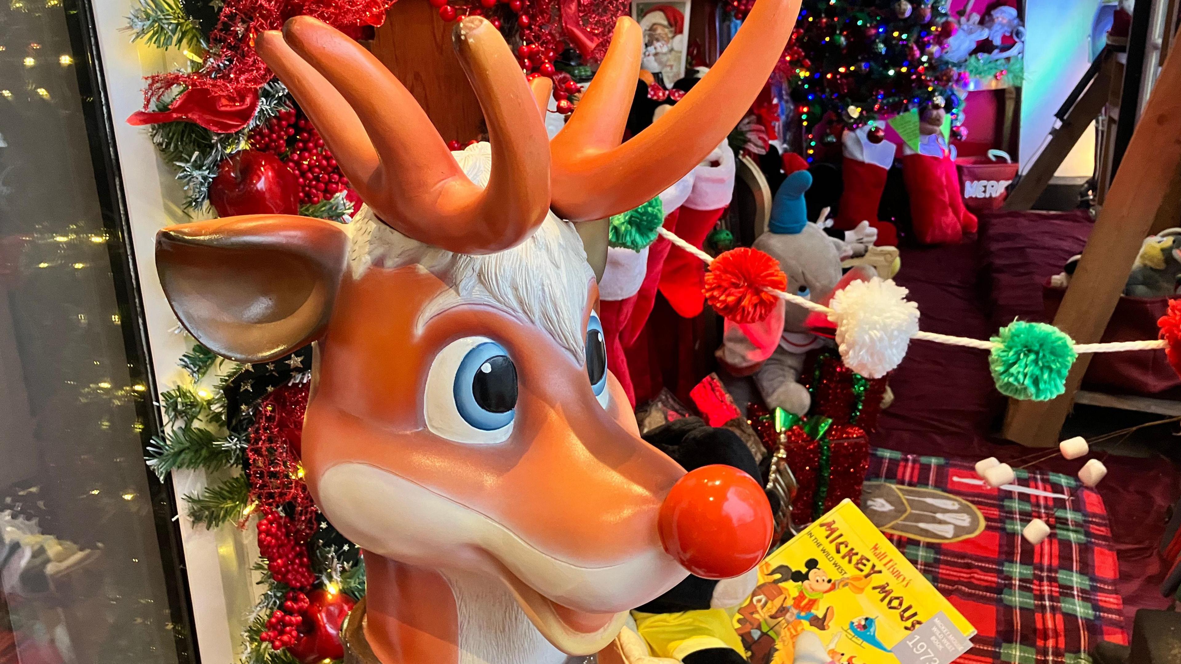 A giant reindeer's head taking centre stage in a group of Christmas decorations.