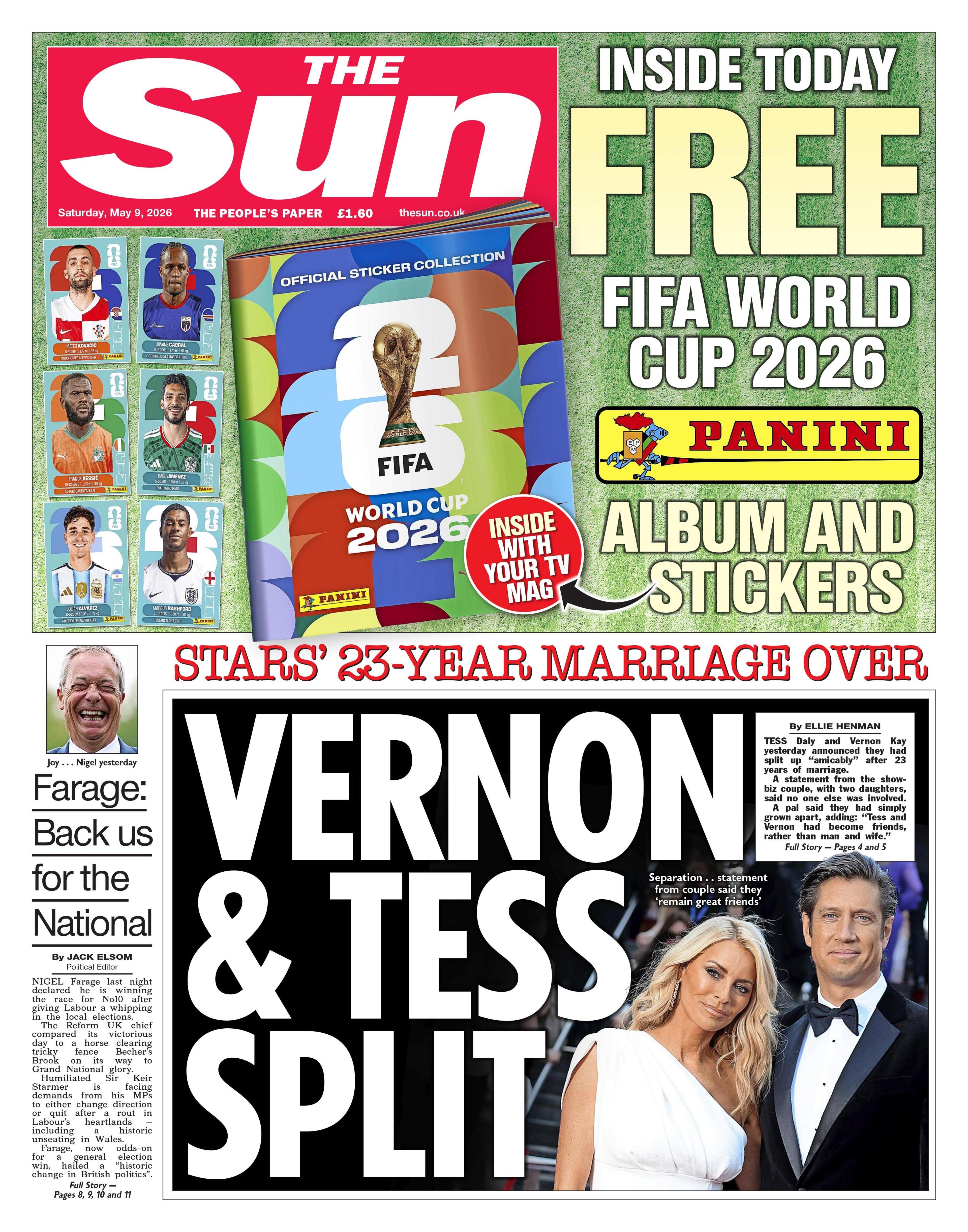 "Vernon dhe Tess ndahen" është titulli kryesor i gazetës "The Sun" në faqen e parë.