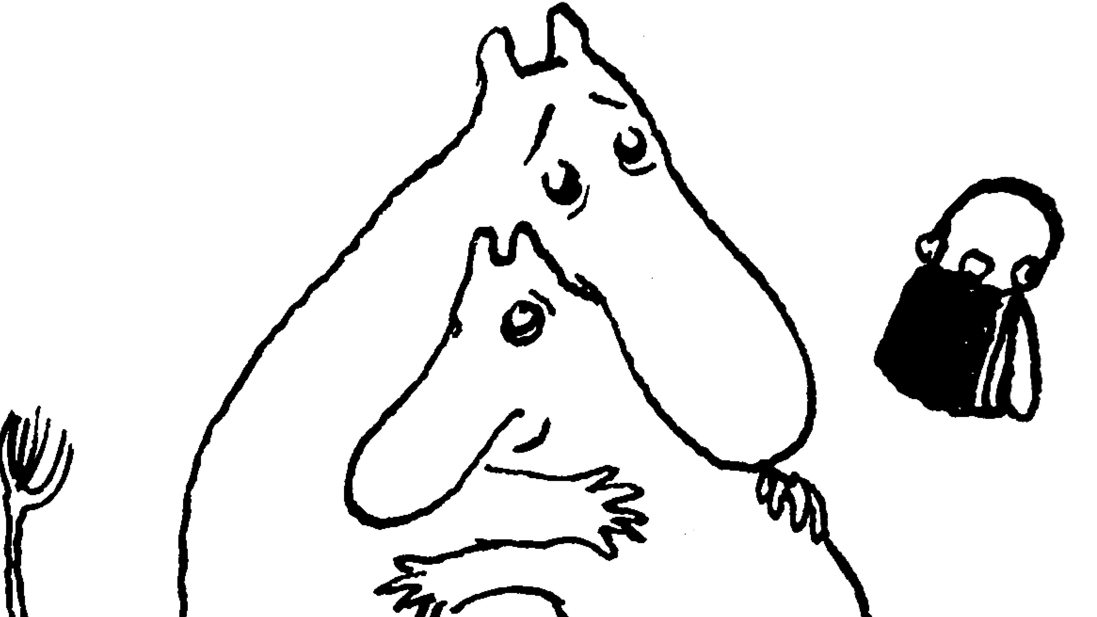 A black and white sketch of two Moomin characters hugging. They resemble hippos, with a larger one hugging a smaller character. A handbag can also be seen.