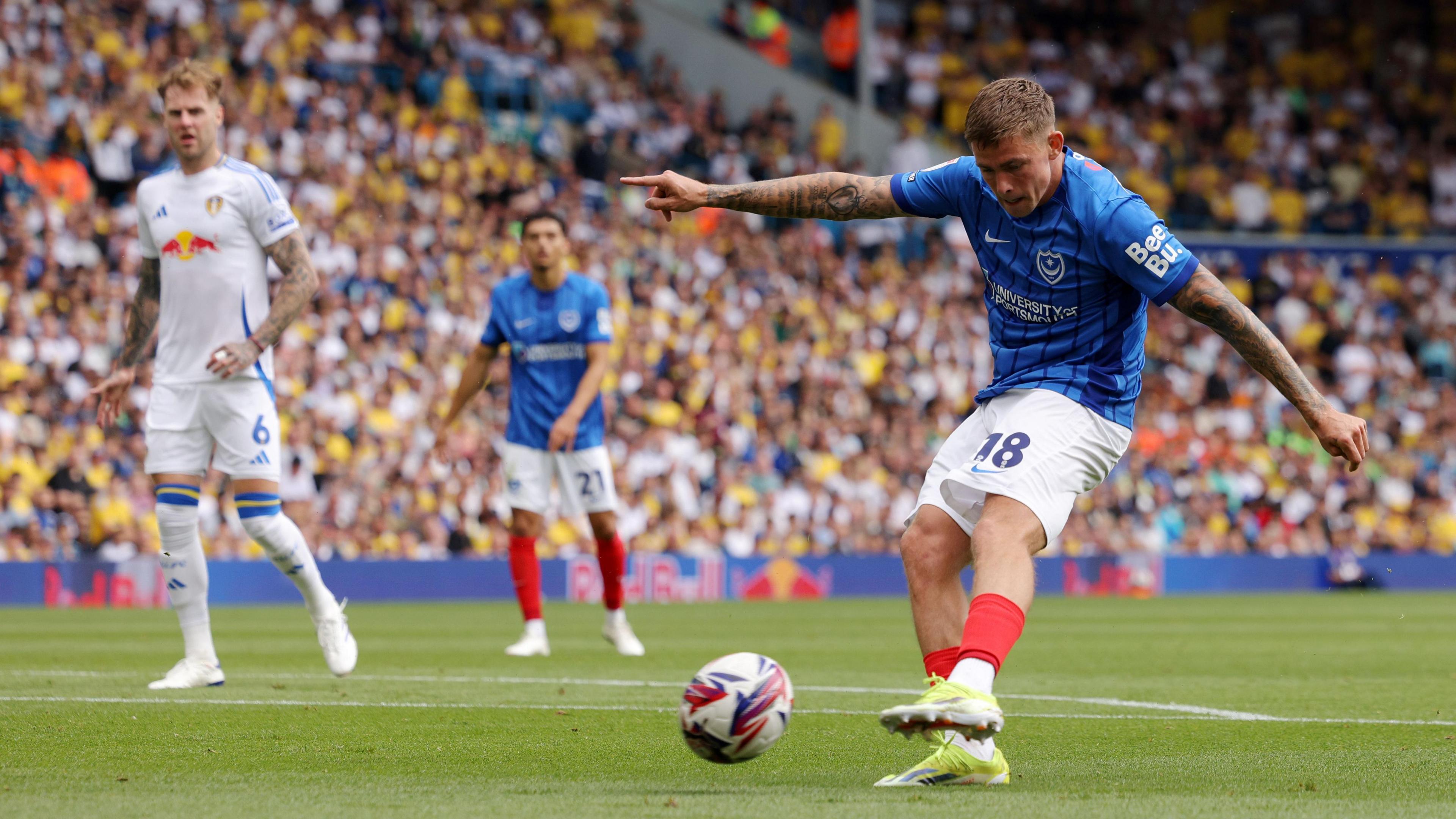 Elias Sorensen scoring against Leeds