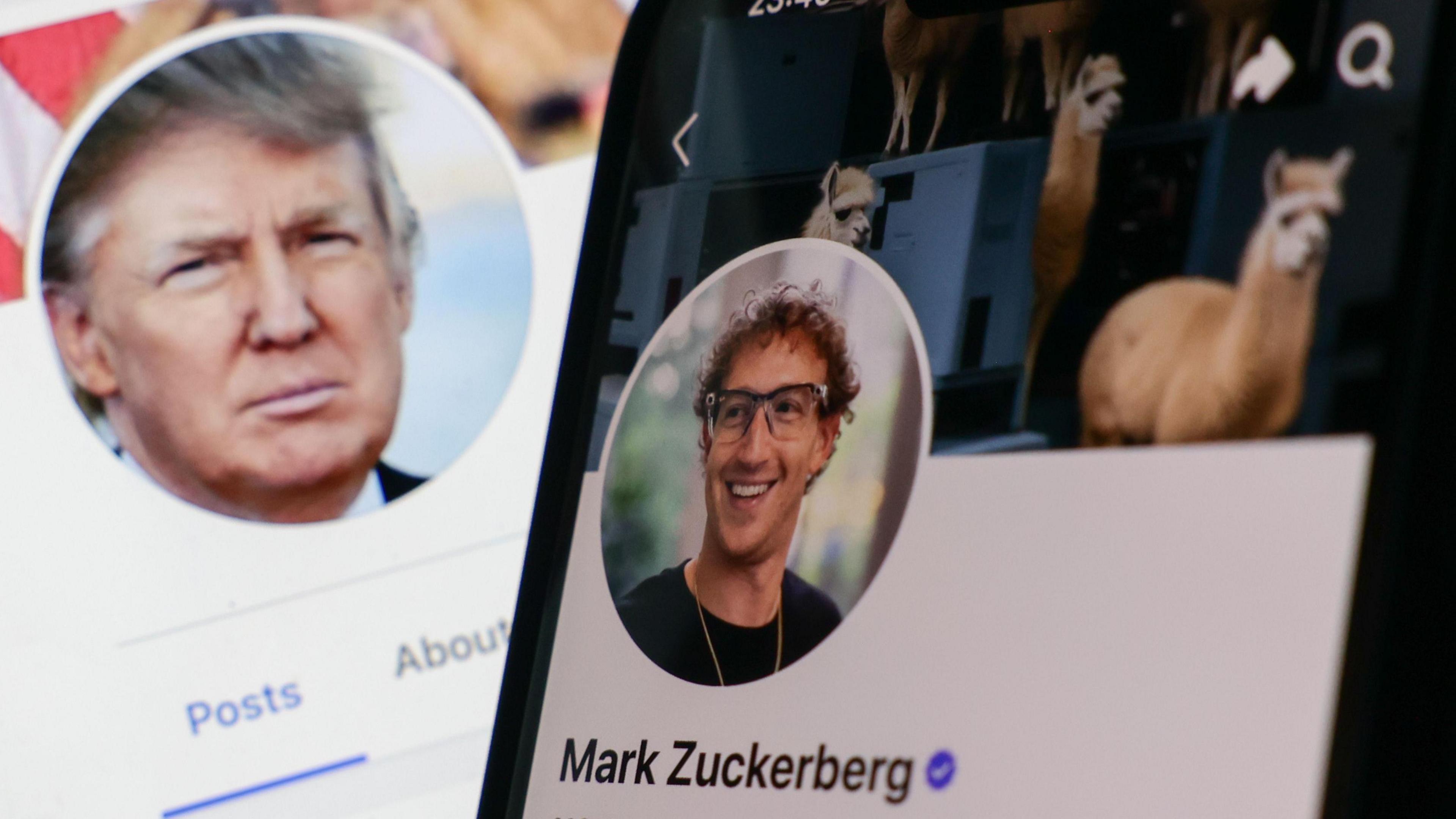 Mark Zuckerberg's Facebook profile displayed on a phone, with Donald Trump's profile on another screen in the background.