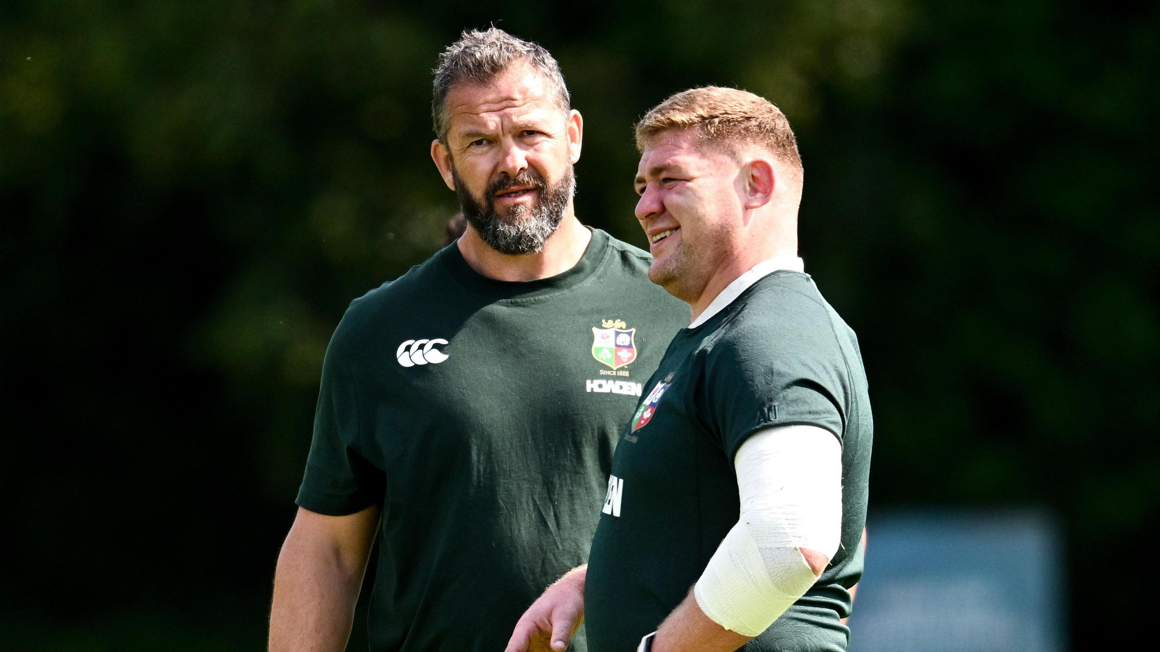 British and Irish Lions head coach Andy Farrell speaks to Tadhg Furlong in training