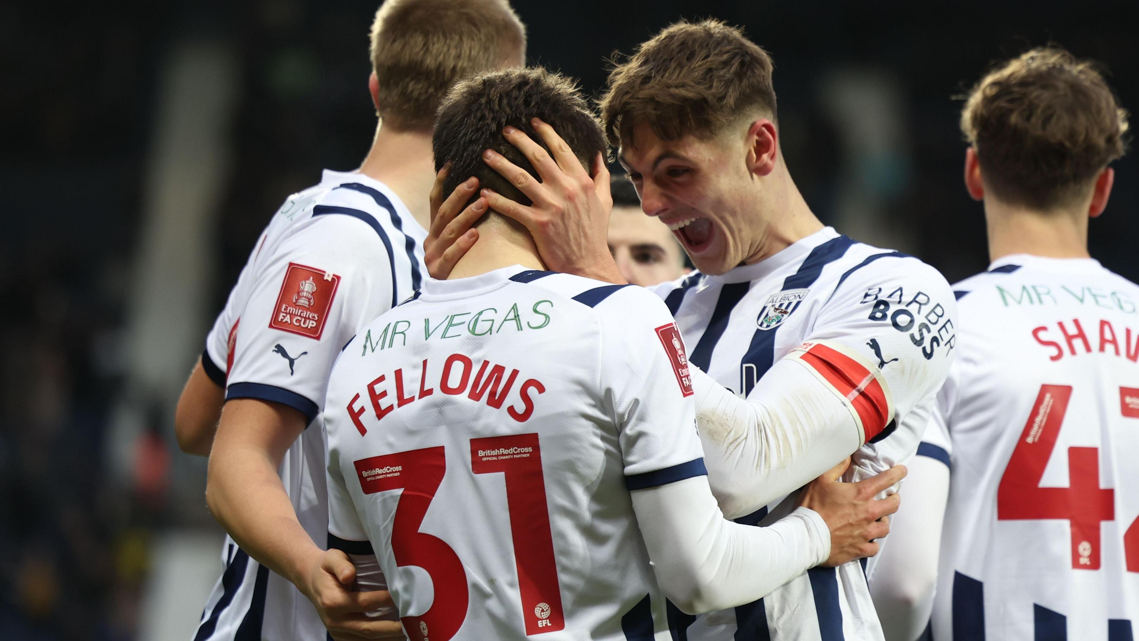Tom Fellows and Caleb Taylor celebrate a West Brom goal against Aldershot in 2023-24 FA Cup