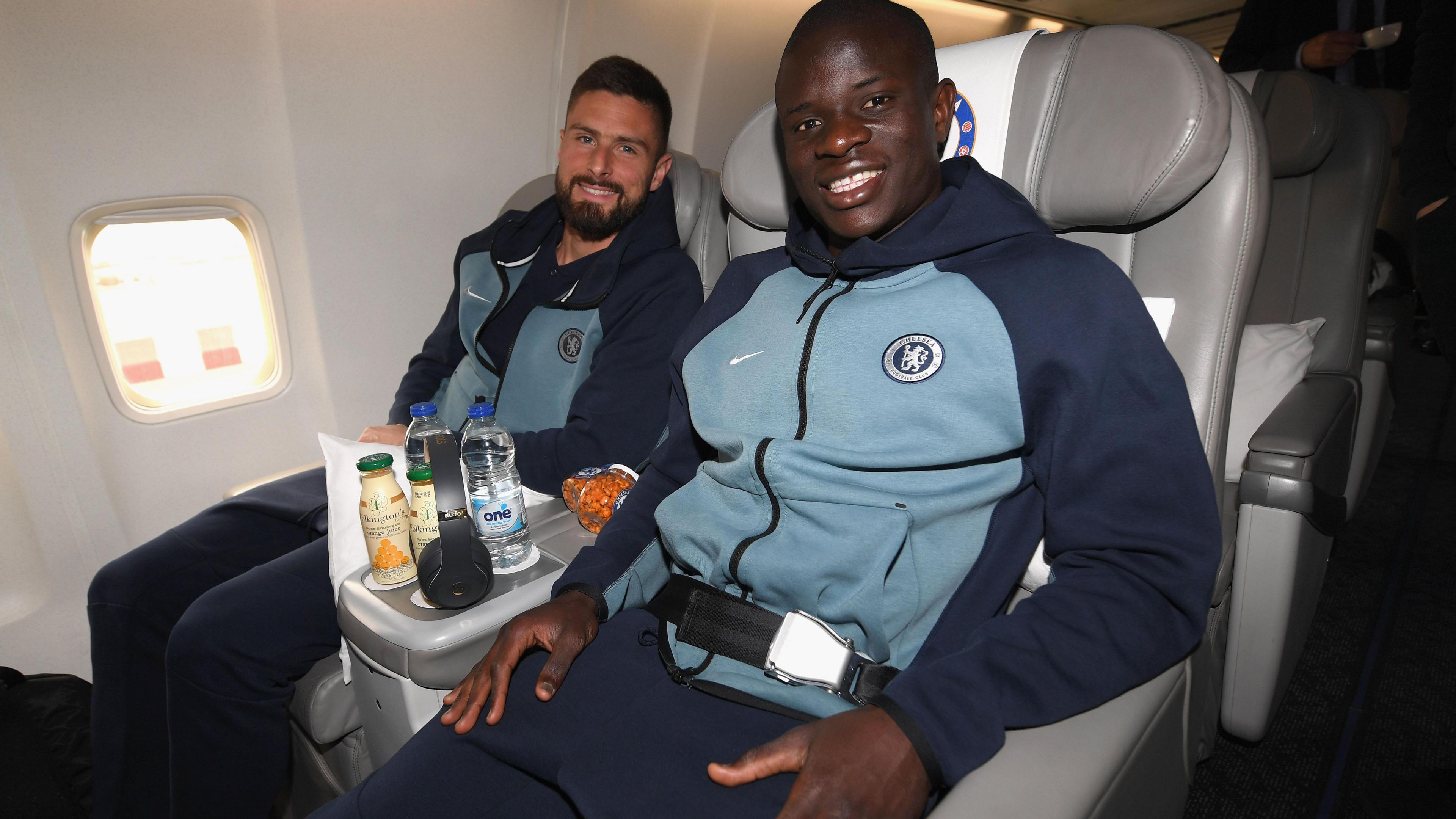 Olivier Giroud (left) and N'Golo Kante fly to Frankfurt for Chelsea's Europa League tie in 2019