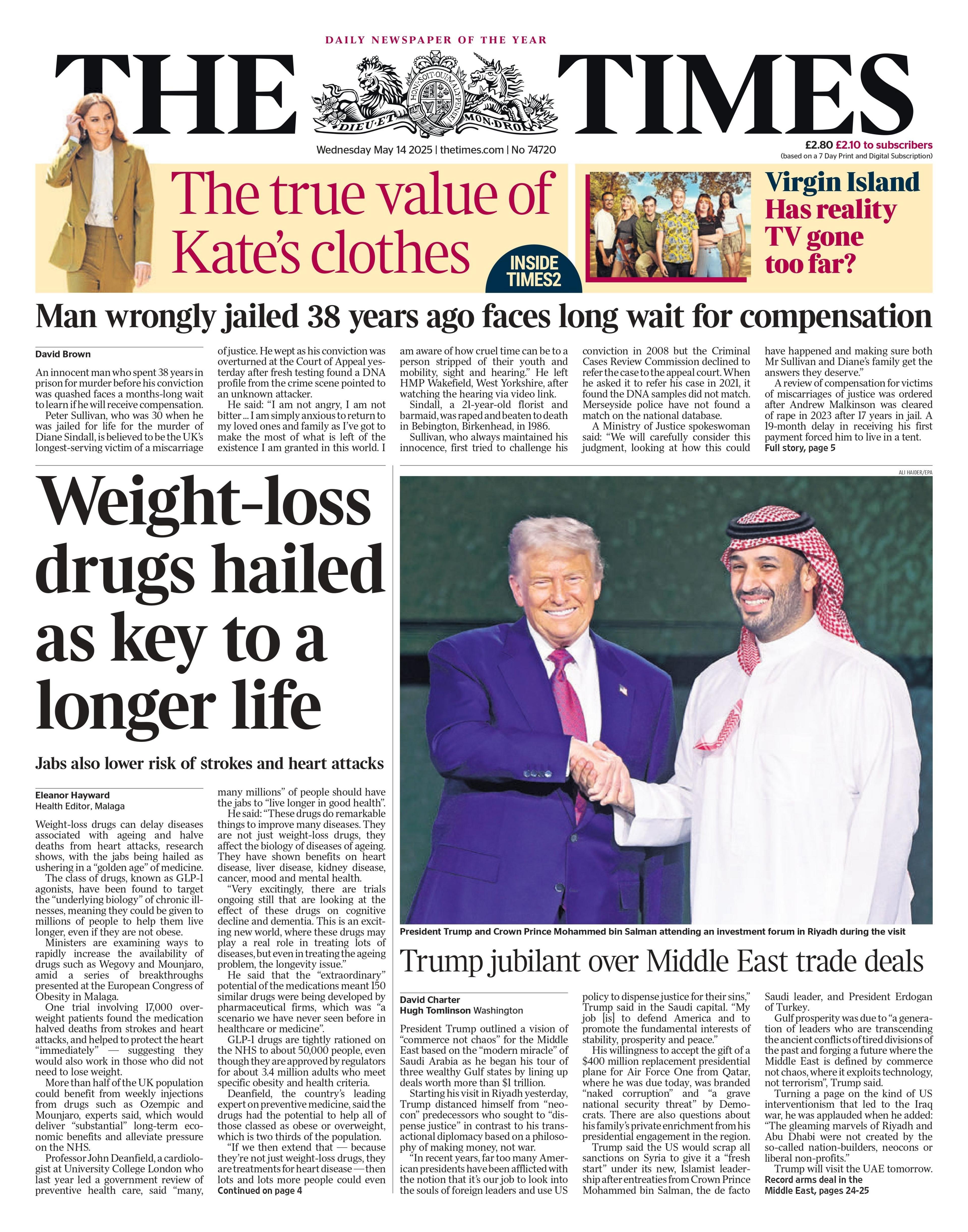 The headline on the front page of The Times reads: "Weight-loss drugs hailed as key to a longer life".