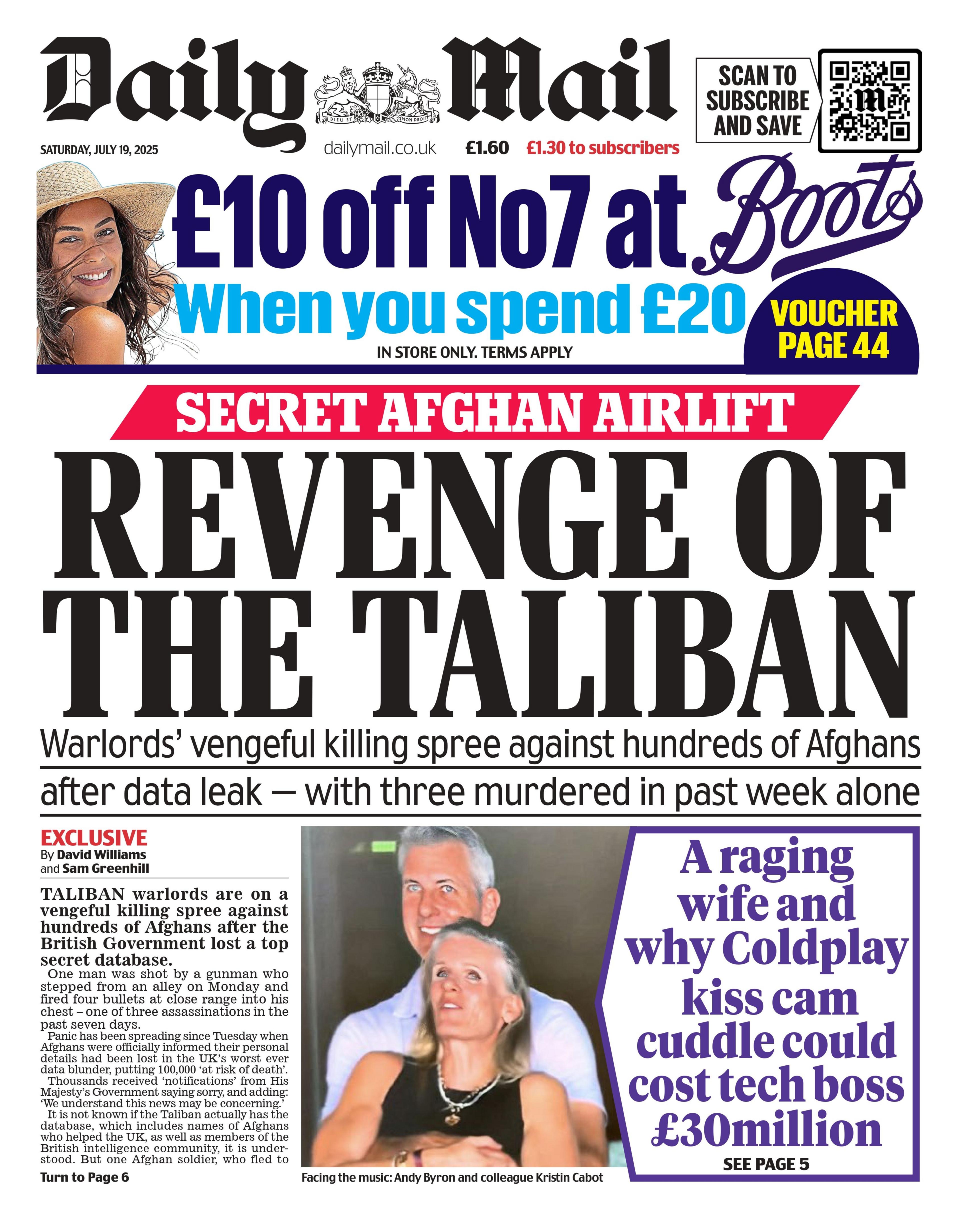The front page headline of the Daily Mail reads: "Revenge of the Taliban".