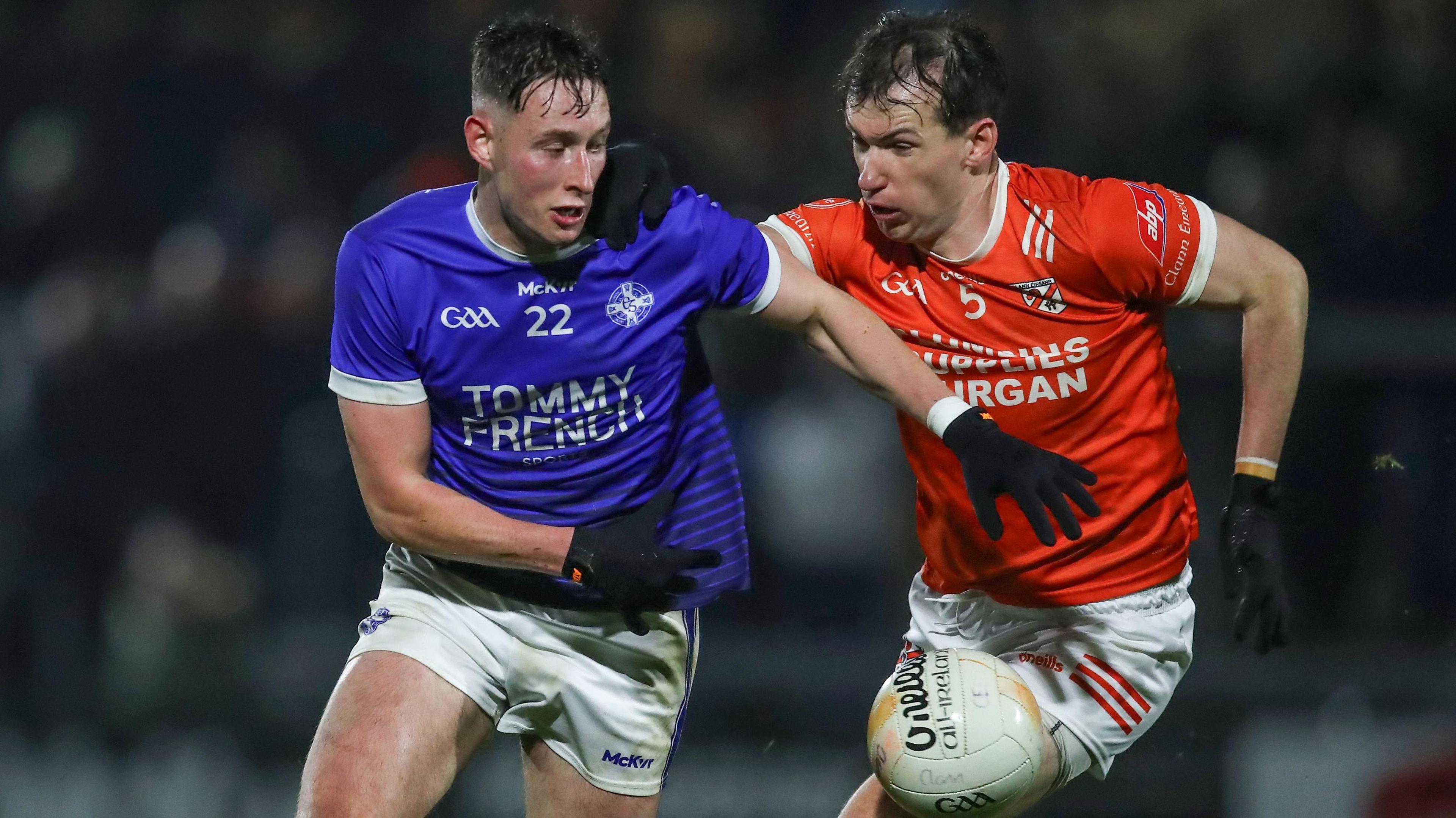 Barry McCambridge (right) challenges Clan na Gael's Diarmuid Loney in last month's Armagh Football Final