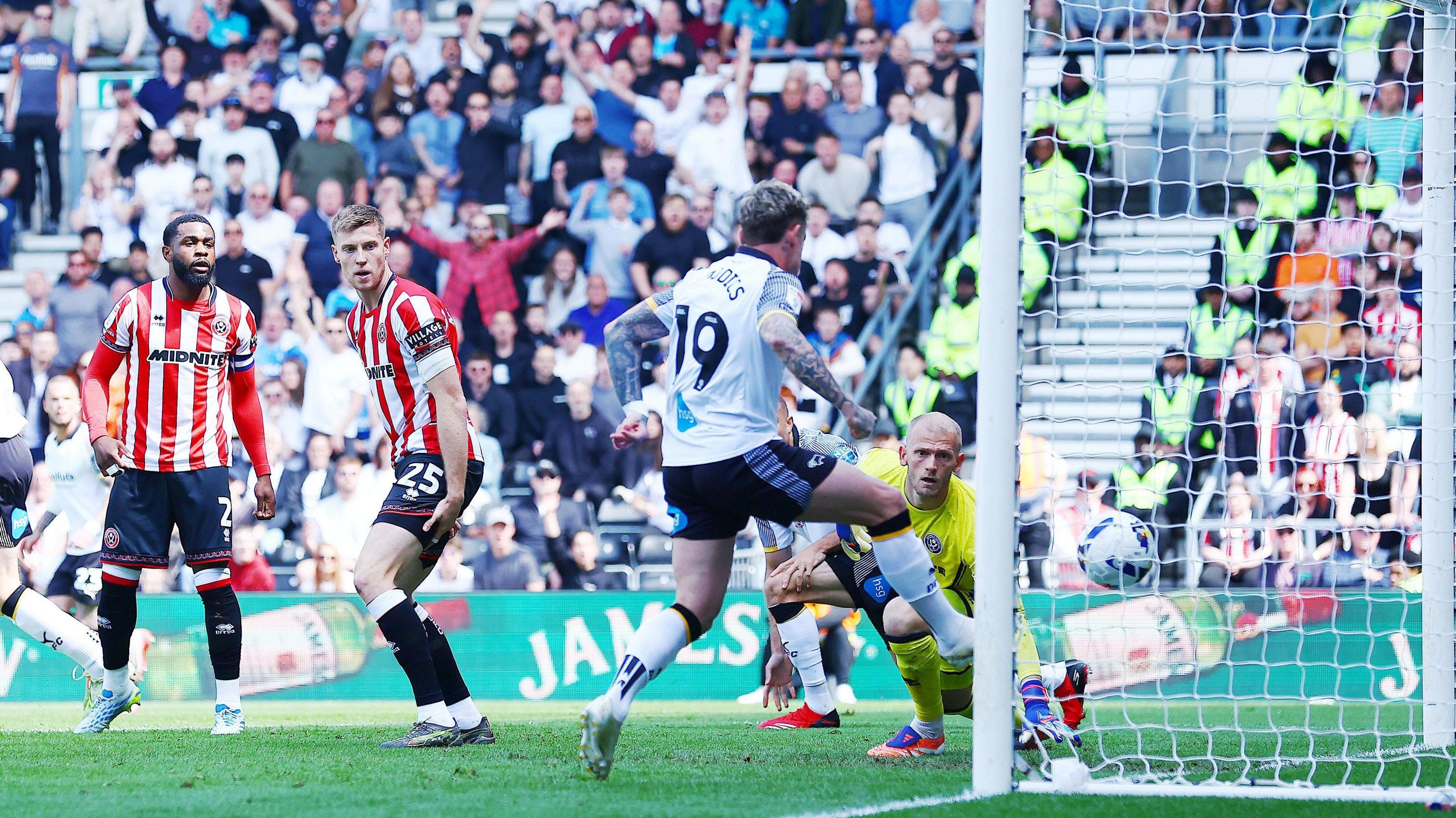 Sam Szmodics puts Derby County ahead against Sheffield United with a tap-in finish at Pride Park