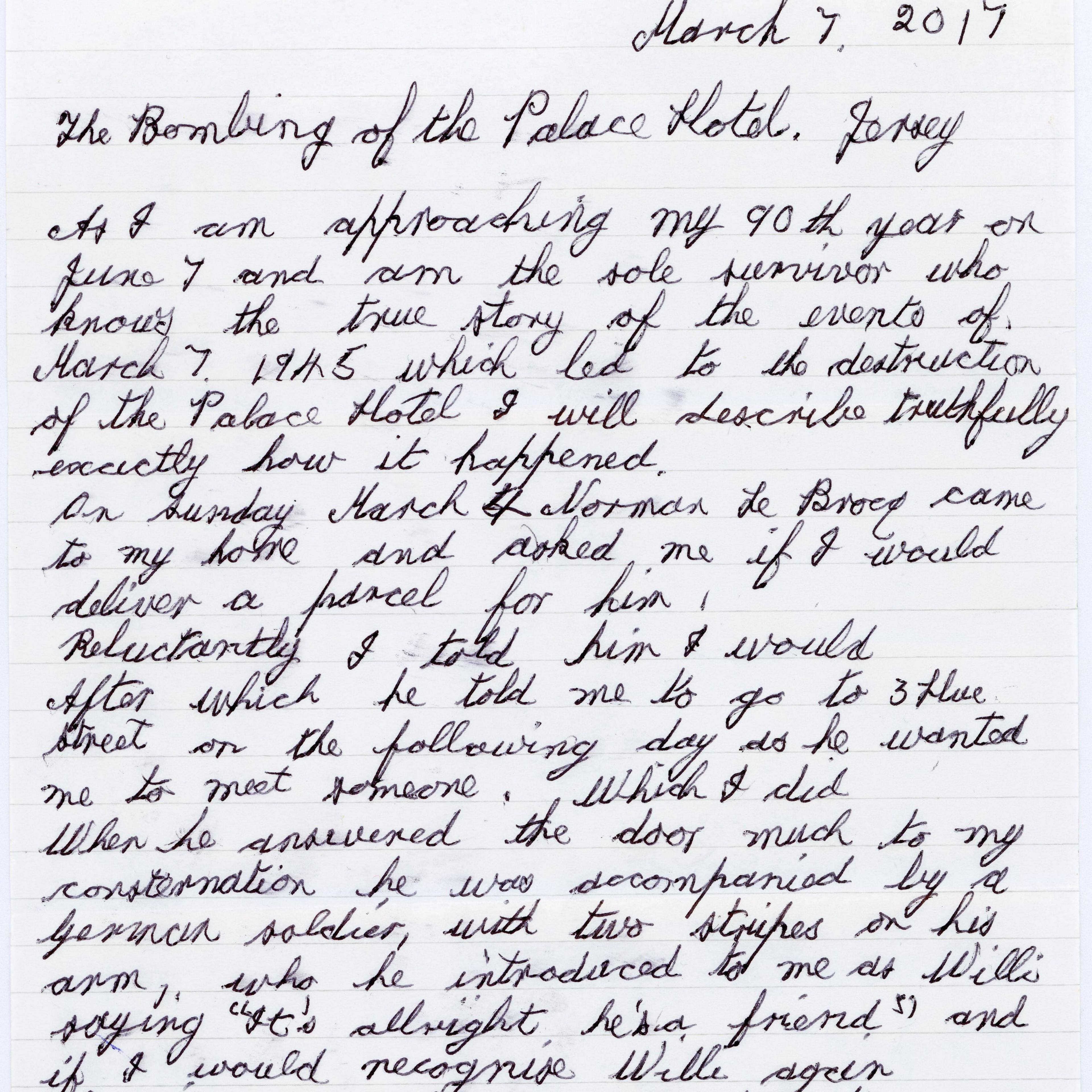 A handwritten letter with details of the bombing of the Palace Hotel.