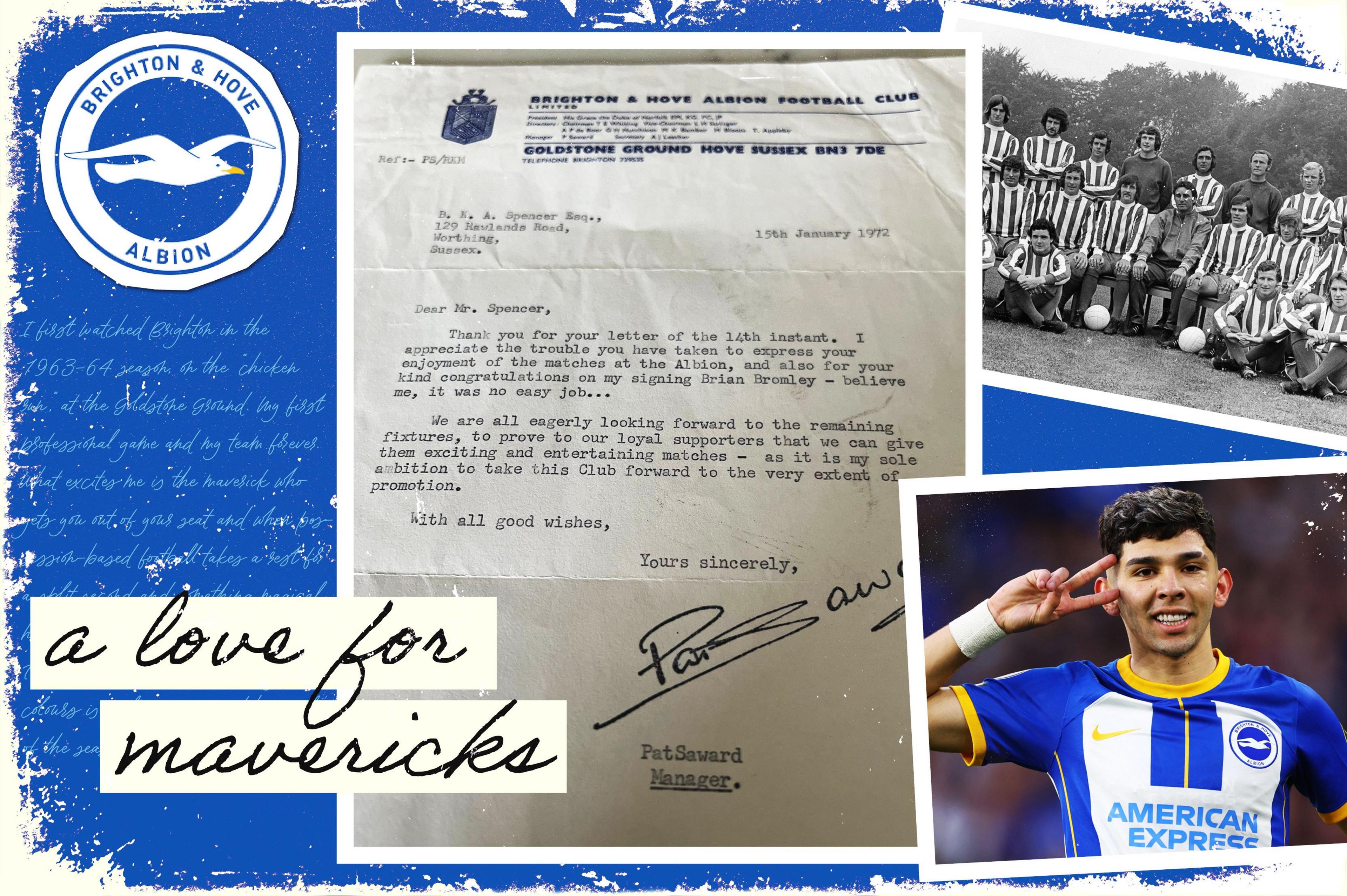 A graphic image of a letter from Brighton manager Pat Seward, a picture of Julio Enciso and a Brighton team photo