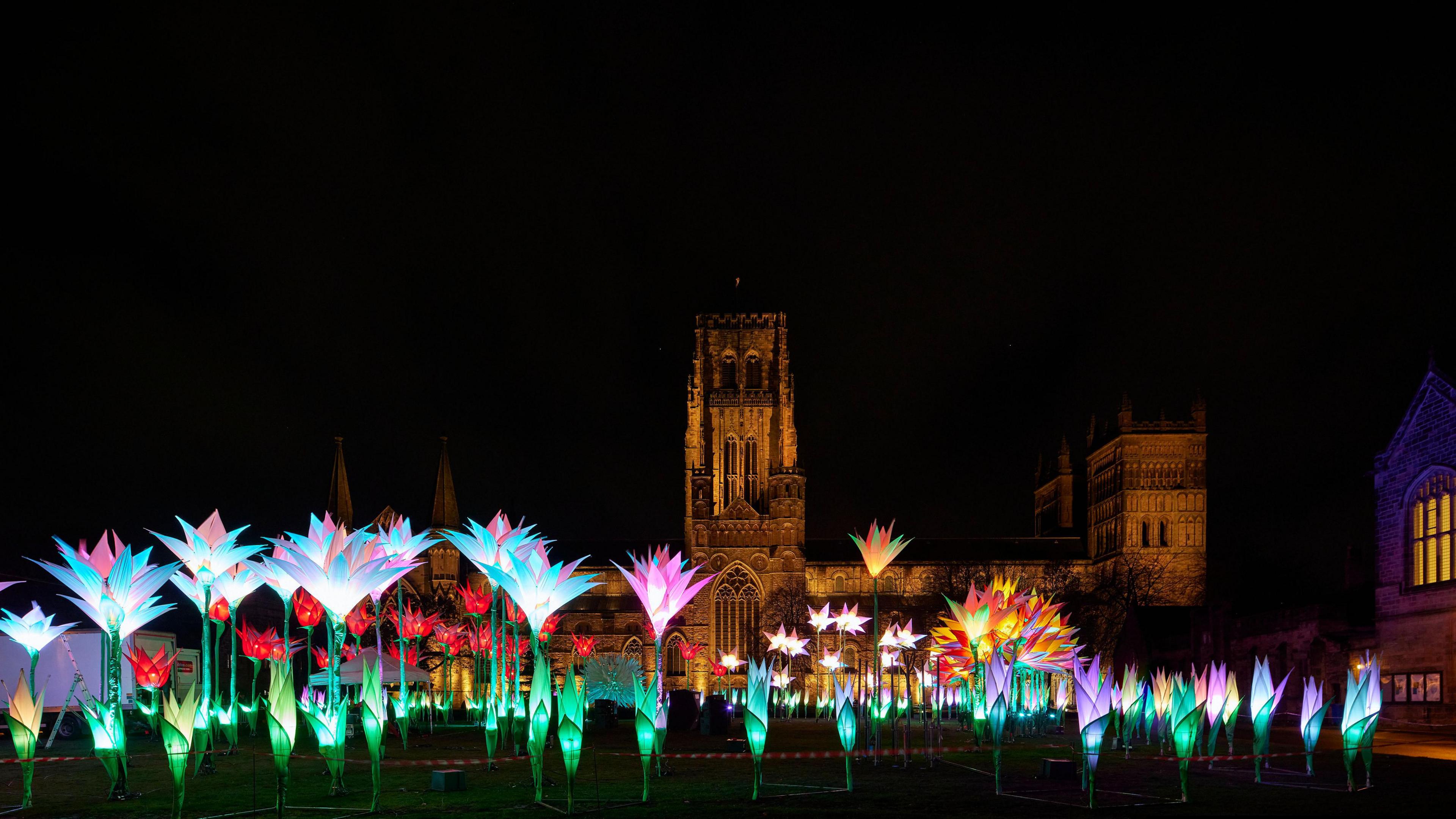 Elysium Garden is a forest of giant flowers, illuminated in blue, pink, red, purple and yellow. Durham Cathedral is towering behind the installation.