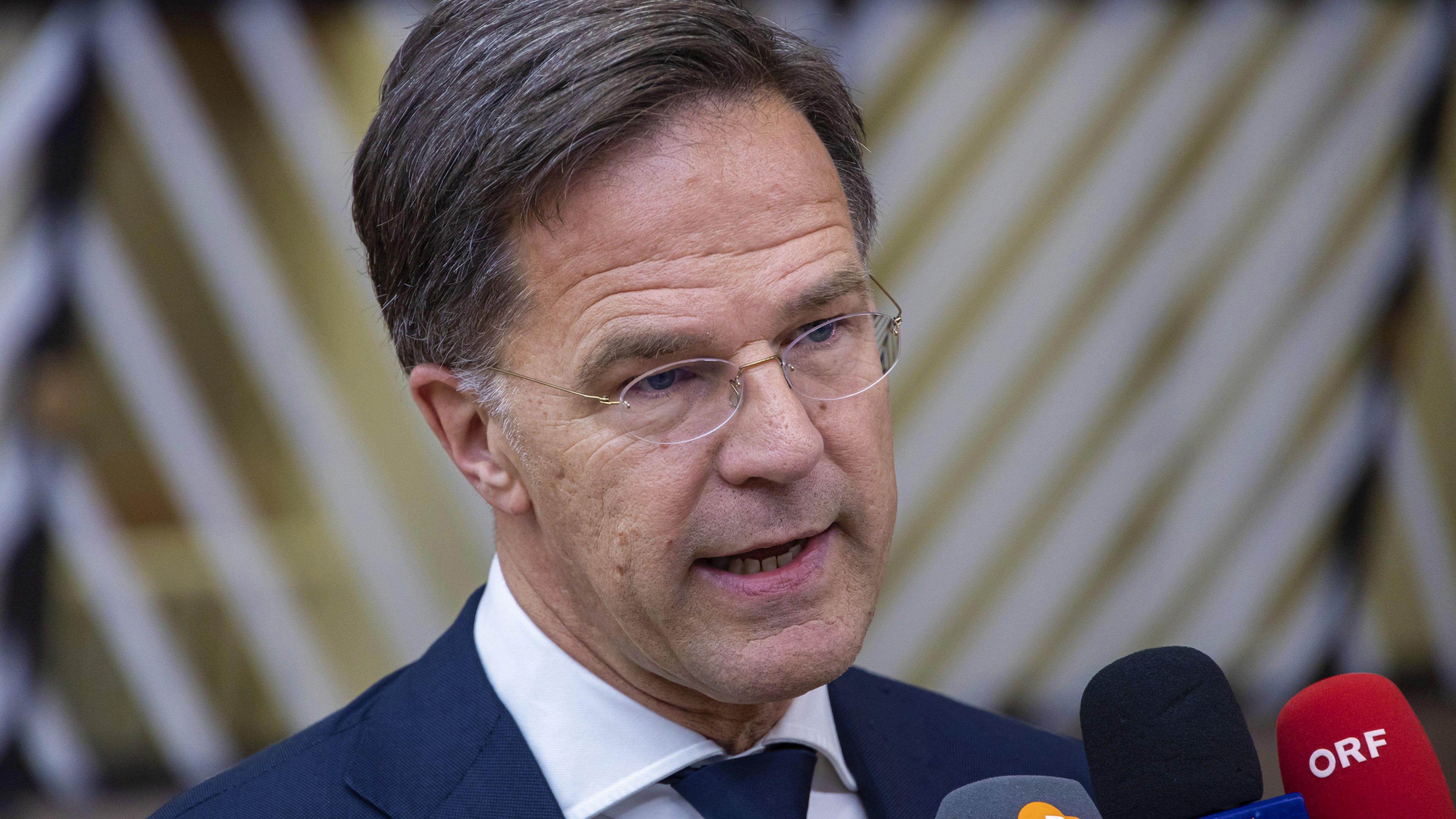 Dutch Prime Minister Mark Rutte makes a speech ahead of an EU meeting in Brussels, Belgium on June 17, 2024. 