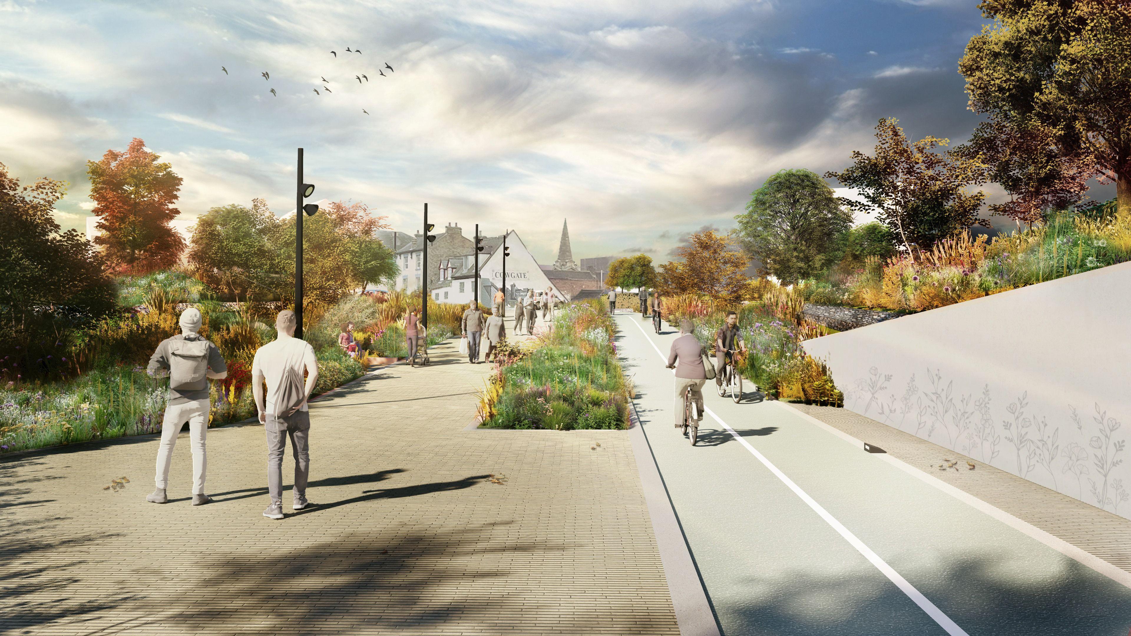 Graphic of the area around the railway station showing pedestrians and cyclists using a path that leads to the city centre.
